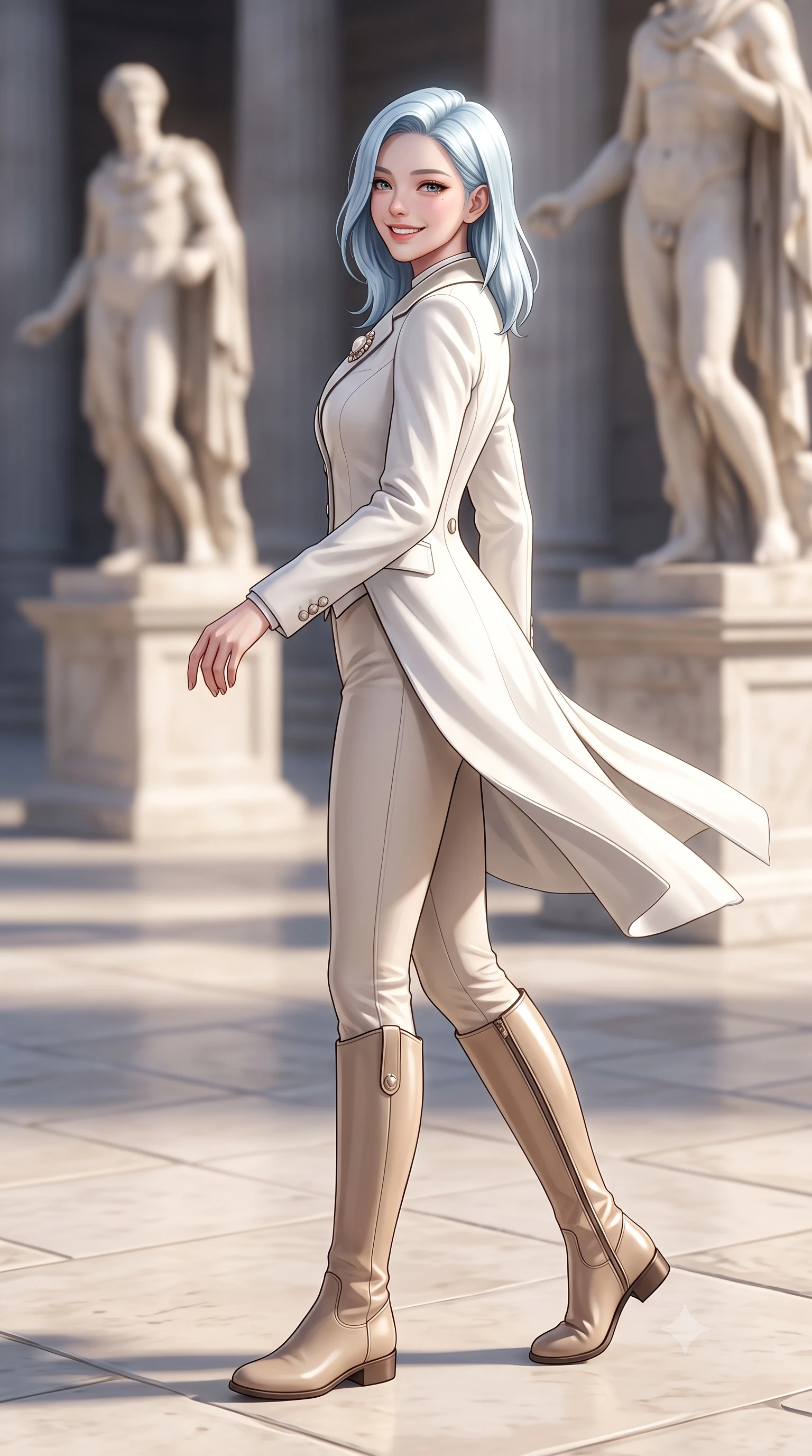 score_9, masterpiece, best quality, ultra-detailed, high-budget anime keyframe, semi-realistic 3D game render, editorial fashion photography, tasteful artistic composition, Korean woman. low angle full-body shot from head to toe showing her feet, filling the entire 9:16 vertical frame with her statuesque presence, stretching her vertical silhouette. pausing along the promenade and turning back toward the camera with an infectious, delightful smile and perfect posture while stepping gracefully across the vast limestone courtyard floor, her long tailored coat flowing with statuesque elegance. The background shows a soft-focus classical Greek sculptures on pedestals softened in majestic cultural sanctuary shallow focus. She has an exceptionally tall and slender model-like 8.5-heads proportion, an ultra-slim waist, a flat toned midriff, narrow delicate ribcage, and beautifully sculpted feminine hips creating a graceful, slim hourglass silhouette without any bulky heaviness, with impossibly long slender legs. sharp v-shaped jawline, high-bridge nose, intricate jewel-like sparkling eyes with depth, thick eyelashes, glossy parted lips with a natural peach sheen, bright cheerful beaming smile with an enchanting and coquettish sensual glint, exuding both youthful cute charm and seductive allure, flawlessly proportioned anatomical accuracy, strict slender model proportions, natural body alignment, perfectly sculpted long slender limbs, ultra-slim waistline, clean dynamic posture without body distortion. wearing a tailored velvet collar wool equestrian blazer paired with slim-cut riding trousers and knee-high leather boots in Swiss alpine snow white and oat cashmere, woven from fine Australian merino wool with a smooth fluid drape and subtle sheen, complemented by an antique baroque pearl brooch pinned tastefully on the lapel, the expertly draped wool fabric falling in crisp fluid lines along her tall 8.5-heads silhouette, celebrating her slender frame without excess fabric bulk. illuminated by pale stone reflection bounce and sharp platinum rim lights sculpting her jawline, narrow waist, and statuesque proportions. highly saturated vibrant anime colors, detailed shading with soft gradients, rich glossy textures, high-contrast stereoscopic depth, volumetric dynamic lighting, master piece, 9:16 ratio