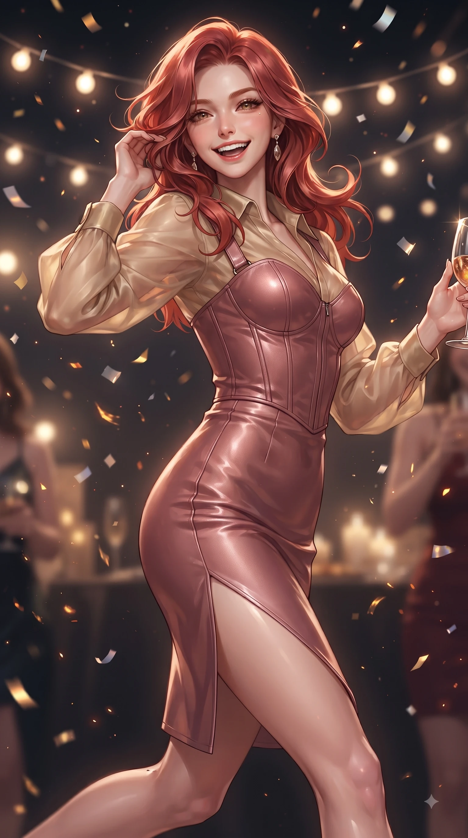 score_9, masterpiece, best quality, ultra-detailed, high-budget anime keyframe, editorial fashion photography, tasteful artistic composition, Caucasian woman. close-up cowboy shot from the waist and thighs up, the character dominates the composition, filling the frame with her large presence, background elements kept in soft focus. Gazing directly into the camera with a joyful, infectious smile as her torso curves dynamically in mid-stride while pivoting dynamically amidst string fairy lights with a laughing, delighted expression, sparkling confetti and golden embers drifting around her dynamic silhouette. She has an exceptionally elegant, slender, and willowy female figure with an ultra-slim waist, a gracefully sculpted slender torso, and a refined silhouette. sharp v-shaped jawline, high-bridge nose, intricate jewel-like eyes with depth, thick eyelashes, glossy lips with a natural sheen, flawlessly proportioned anatomical accuracy, natural body alignment, perfectly sculpted elegant limbs, clean dynamic posture without body distortion. wearing a tailored leather bustier over a sheer silk chiffon blouse in dusty rose and champagne gold, formed from sleek second-skin neoprene, finished with a sleek side slit ascending to mid-thigh, the sleek second-skin texture accentuating her magnetic presence. surrounded by an electric, joyful party atmosphere with high specular shine. ultra-reflective glossy finish, specular highlights, metallic sheen, high-contrast stereoscopic depth, volumetric dynamic lighting, 2k, ultra detail, master piece, 9:16 ratio