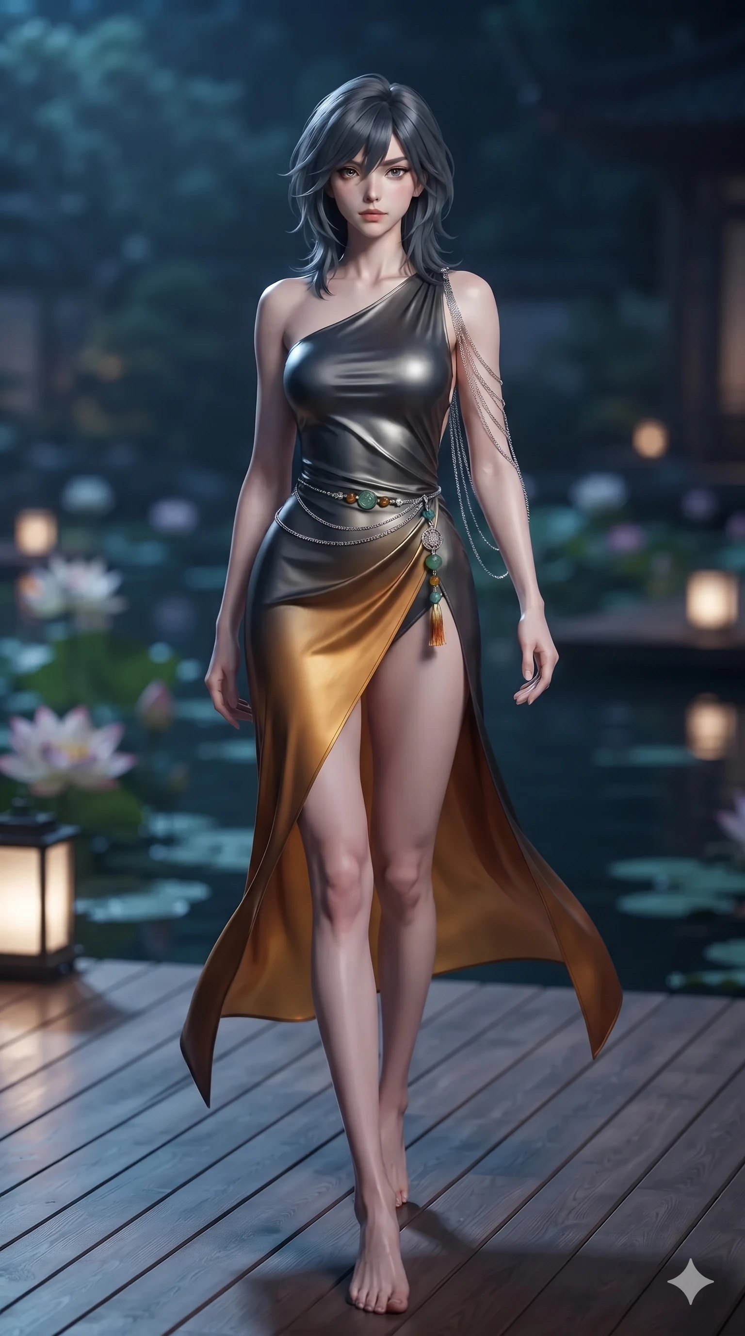 score_9, masterpiece, best quality, ultra-detailed, high-budget anime keyframe, editorial fashion photography, tasteful artistic composition, Caucasian woman. low angle full-body shot from head to toe showing her feet, filling the entire 9:16 vertical frame with her statuesque presence, stretching her vertical silhouette. reclining on her side in an elegant Cleopatra pose with one knee drawn up, the dramatic contour of her rounded hips and long slender legs commanding the 9:16 vertical frame while stepping slowly along the polished wooden decking with hypnotic grace, hips swaying in an alluring sensual rhythm that accentuates her curvy hourglass silhouette. The background shows a soft-focus tranquil royal water garden softened in atmospheric nocturnal shallow focus. She has an absolutely perfect, statuesque 8.5-heads proportion, an exceptionally tall and slender model-like female figure with impossibly long slender legs, an ultra-slim waist, a flat toned midriff, narrow delicate ribcage, and beautifully sculpted feminine hips creating a graceful, slim hourglass silhouette without any bulky heaviness. sharp v-shaped jawline, high-bridge nose, sparkling eyes with hypnotic seductive depth, thick curled eyelashes, glossy parted lips with a natural dewy peach sheen, alluring bedroom-eyes with an enchanting coquettish smile, exuding magnetic siren charisma and sophisticated glamour, flawlessly proportioned anatomical accuracy, strict slender model proportions, natural body alignment, perfectly sculpted long slender limbs, ultra-slim waistline, clean dynamic posture without body distortion. wearing an asymmetric one-shoulder liquid mercury silk dress with a dramatic hip-high wrap slit and norigae waist charm in smoked agarwood charcoal and warm honey amber, made of liquid dark mercury jersey with seamless sculpting hold and fluid drape, accented with an open-back drape framed by falling strands of delicate chrome chains, the impeccably tailored cut draping gracefully along her slender figure with aristocratic eastern poise. illuminated by dark water reflection bounce and sharp silver-rose rim lights defining her razor-sharp jawline, narrow waist, and curvy hips. ultra-reflective glossy finish, specular highlights, rich textural contrasts, high-contrast stereoscopic depth, volumetric dynamic lighting, 2k, ultra detail, master piece, 9:16 ratio