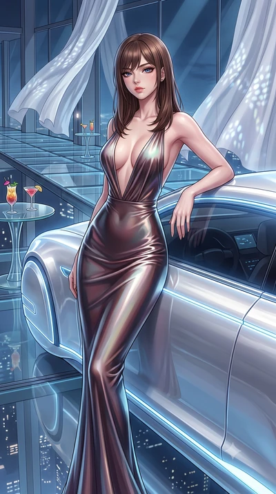 score_9, masterpiece, best quality, ultra-detailed, High-budget Anime Keyframe, East Asian woman. Low angle cowboy shot filling the entire 9:16 frame with her statuesque presence. Scenario 294: leaning against a sleek white hover-limousine by a luxur