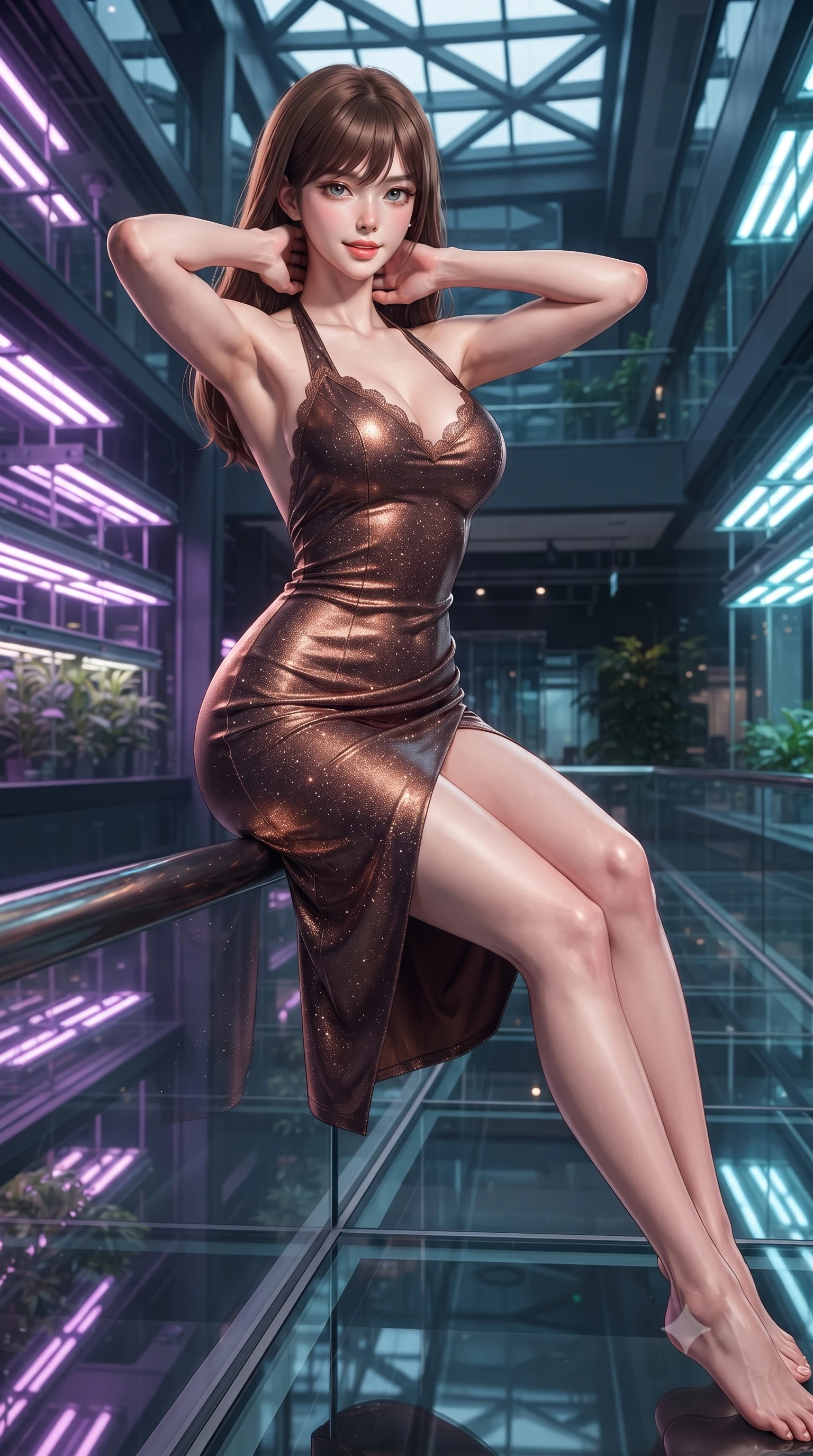 score_9, masterpiece, best quality, ultra-detailed, high-budget anime keyframe, editorial fashion photography, tasteful artistic composition, Korean woman. close-up cowboy shot from the waist and thighs up, the character dominates the composition, filling the frame with her large presence. resting both hands lightly behind her neck with elbows raised, arching her spine to highlight her narrow waist, flat midriff, and breathtaking collarbones while perched sideways on the glass bridge curb with legs extended gracefully, holding an illuminated data stylus with effortless cool. The surrounding environment is rendered in vivid detail and crisp panoramic clarity: detailed sheer illusion mesh bodysuit weave, dewy skin highlights, and bio-tech skyscraper interior craft in high resolution. She has an exceptionally elegant, slender, and willowy female figure with an ultra-slim waist, flat toned midriff, narrow ribcage, and sculpted feminine hips creating an alluring, slim hourglass silhouette without bulk. sharp v-shaped jawline, high-bridge nose, sparkling eyes with hypnotic seductive depth, thick curled eyelashes, glossy parted lips with a natural dewy peach sheen, alluring bedroom-eyes with an enchanting coquettish smile, exuding magnetic siren charisma and sophisticated glamour, flawlessly proportioned anatomical accuracy, strict slender model proportions, natural body alignment, perfectly sculpted long slender limbs, ultra-slim waistline, clean dynamic posture without body distortion. wearing a slinky backless halterneck column mini dress in shimmering liquid vinyl clinging like a second skin in sultry espresso bronze and metallic copper, woven from stretch metallic lurex jersey casting radiant starlight glints across her silhouette, finished with scalloped eyelash lace trim framing her sweetheart neckline with intimate elegance, the high-slit wrap tailoring accentuating her ultra-slim waistline and the enchanting curve of her feminine hips with alluring seductive charm. bathed in specialized ultraviolet and cool daylight grow-lighting arrays mixed with bridge floor LED strips. ultra-reflective glossy finish, specular highlights, rich textural contrasts, high-contrast stereoscopic depth, volumetric dynamic lighting, 2k, ultra detail, master piece, 9:16 ratio
