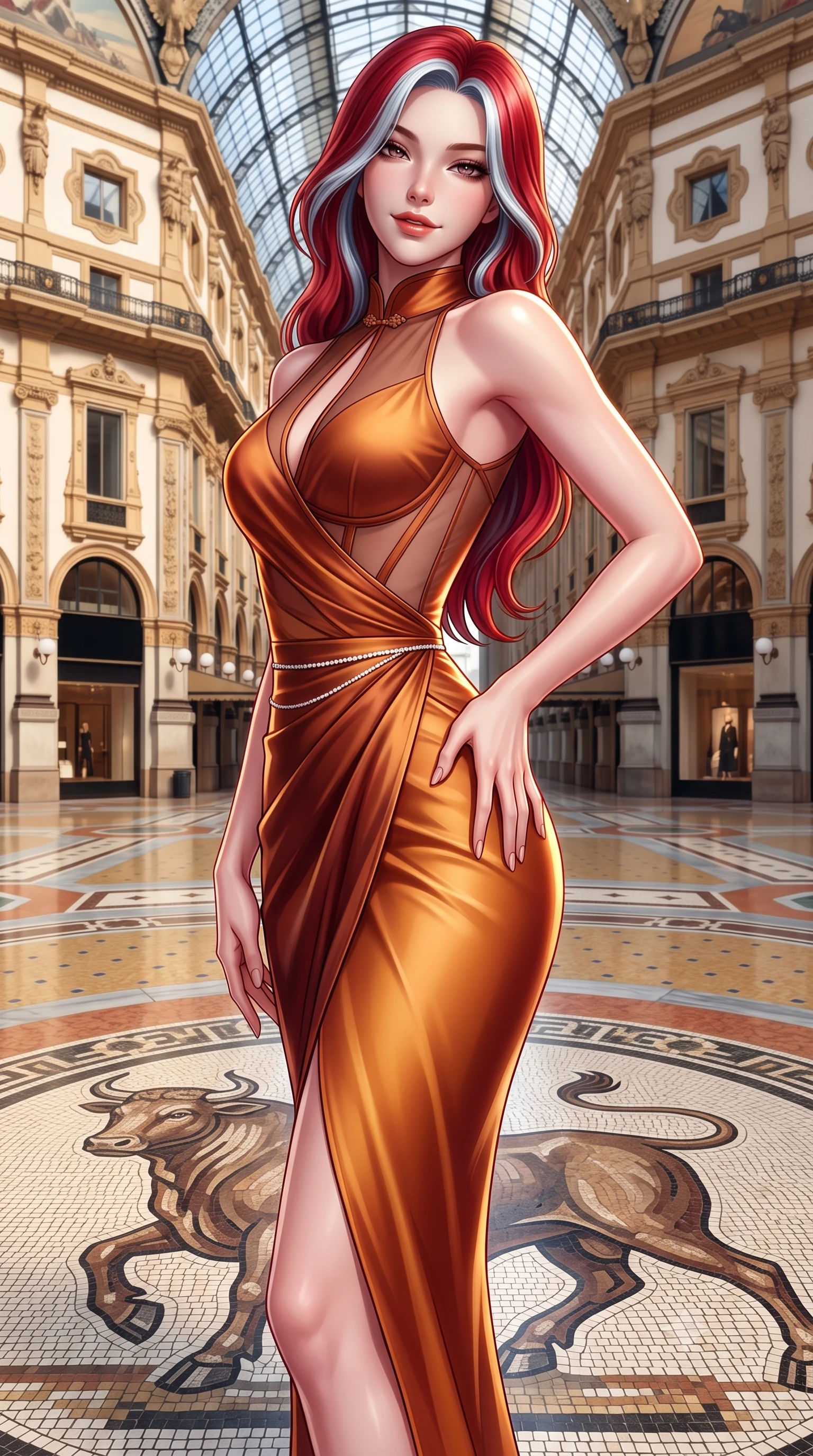 score_9, masterpiece, best quality, ultra-detailed, high-budget anime keyframe, semi-realistic 3D game render, editorial fashion photography, tasteful artistic composition, Caucasian woman. close-up cowboy shot from the waist and thighs up, the character dominates the composition, filling the frame with her large presence. arching her spine backward with effortless dancer poise, one hand sliding along her hip line as directional light carves specular highlights along her silhouette while pausing at the center of the famous mosaic bull floor with hips cocked back, glancing over a bare shoulder with an audacious, haute-couture smile. The surrounding environment is rendered in vivid detail and crisp panoramic clarity. sharp marble mosaic floor tesserae, iron roof truss rivets, and neoclassical facade moldings in deep focus. She has an exceptionally elegant, slender, and willowy female figure with an ultra-slim waist, flat toned midriff, narrow ribcage, and sculpted feminine hips creating an alluring, slim hourglass silhouette without bulk. sharp v-shaped jawline, high-bridge nose, intricate jewel-like eyes with depth, thick eyelashes, glossy parted lips with a natural sheen, intensely captivating and seductive bedroom-eyes expression, flawlessly proportioned anatomical accuracy, strict slender model proportions, natural body alignment, perfectly sculpted long slender limbs, ultra-slim waistline, clean dynamic posture without body distortion. wearing a wet-look silk fusion wrap dress with asymmetrical sheer mesh cutouts and high Mandarin collar in rich copper bronze and warm amber, made of fluid silk crepe with delicate inner corsetry boning, accented with a dainty diamond waist chain catching the ambient light reflections, the liquid-tight tailored fabric clinging flawlessly to her narrow waist and rounded feminine hips, emphasizing every millimeter of her sculpted slim hourglass curves without any bulky heaviness. illuminated by polished marble floor specular bounce sharply defining her sculpted collarbones, ultra-slim waist, and curvy hips. highly saturated vibrant anime colors, detailed shading with soft gradients, rich glossy textures, high-contrast stereoscopic depth, volumetric dynamic lighting, master piece, 9:16 ratio