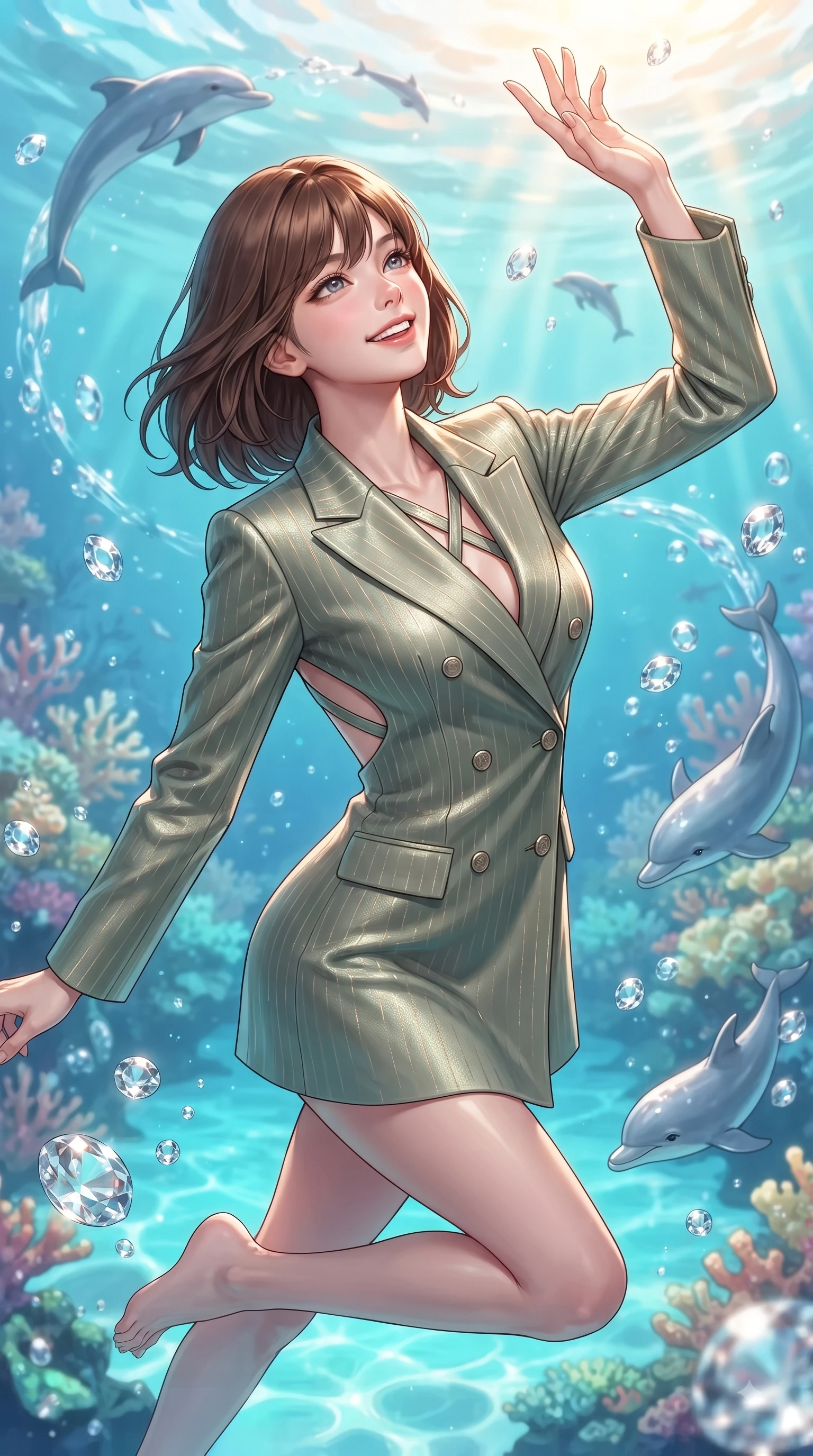 score_9, masterpiece, best quality, ultra-detailed, high-budget anime keyframe, editorial fashion photography, tasteful artistic composition, Korean woman. close-up cowboy shot from the waist and thighs up, the character dominates the composition, filling the frame with her large presence, background elements kept in soft focus. Extending one arm in an elegant stretch toward the sun while smiling with vibrant, magnetic self-assurance while floating dynamically in a pristine coral lagoon as sea bubbles glitter around her like diamonds, playful dolphins swimming in graceful circular arcs around her statuesque figure. She has an exceptionally elegant, slender, and willowy female figure with an ultra-slim waist, a gracefully sculpted slender torso, and a refined silhouette. sharp v-shaped jawline, high-bridge nose, intricate jewel-like eyes with depth, thick eyelashes, glossy lips with a natural sheen, flawlessly proportioned anatomical accuracy, natural body alignment, perfectly sculpted elegant limbs, clean dynamic posture without body distortion. wearing a double-breasted blazer dress with subtle metallic pin-stripes in sage green and oatmeal, made of premium stretch velvet with a rich sheen, complemented by criss-cross back straps highlighting her bare shoulders, the sleek second-skin texture accentuating her magnetic presence. illuminated by cheerful aqua bioluminescence and warm golden top lighting. ultra-reflective glossy finish, specular highlights, metallic sheen, high-contrast stereoscopic depth, volumetric dynamic lighting, 2k, ultra detail, master piece, 9:16 ratio