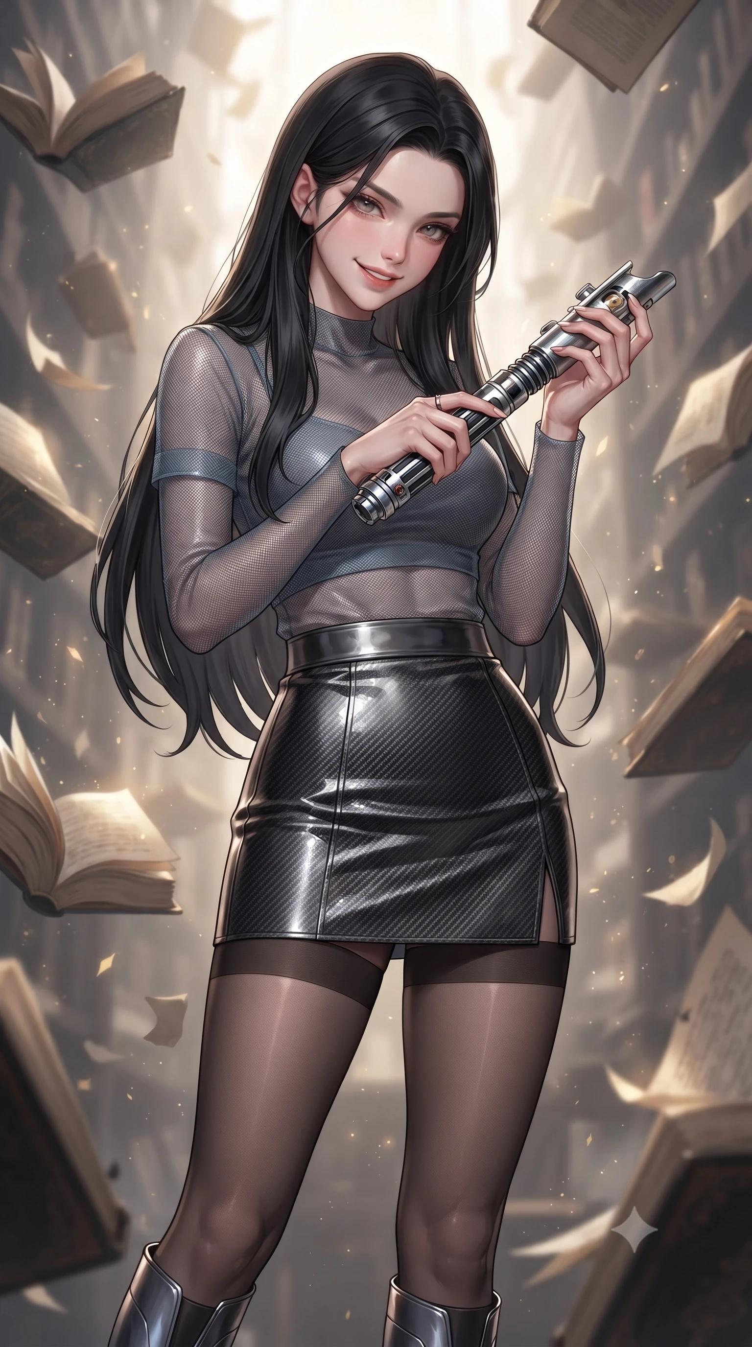 score_9, masterpiece, best quality, ultra-detailed, high-budget anime keyframe, editorial fashion photography, tasteful artistic composition, Korean woman. close-up cowboy shot from the waist and thighs up, the character dominates the composition, filling the frame with her large presence, background elements kept in soft focus. leaning slightly forward with a playful, teasing smile while holding a deactivated plasma saber hilt, the background shows a soft-focus a gravity-defying library with pages of lost cyber-histories drifting like ash. She has an exceptionally elegant, slender, and willowy female figure with an ultra-slim waist, a gracefully sculpted slender torso, and a refined silhouette. sharp v-shaped jawline, high-bridge nose, intricate jewel-like eyes with depth, thick eyelashes, glossy lips with a natural sheen. wearing a slim-fit semi-transparent mesh top in slate grey, paired with a carbon-fiber mini skirt and sheer stockings. soft gold inner glow radiating from floating parchment and decaying books. ultra-reflective glossy finish, specular highlights, metallic sheen, high-contrast stereoscopic depth, volumetric dynamic lighting, 2k, ultra detail, master piece, 9:16 ratio