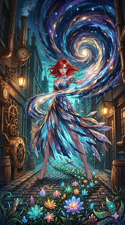 score_9, masterpiece, best quality, ultra-detailed, Set A: High-budget Anime Keyframe, Korean woman. Low angle cowboy shot filling the entire 9:16 frame with her statuesque presence. Theme: Primal Nature. unleashing a massive energy wave in a steampu