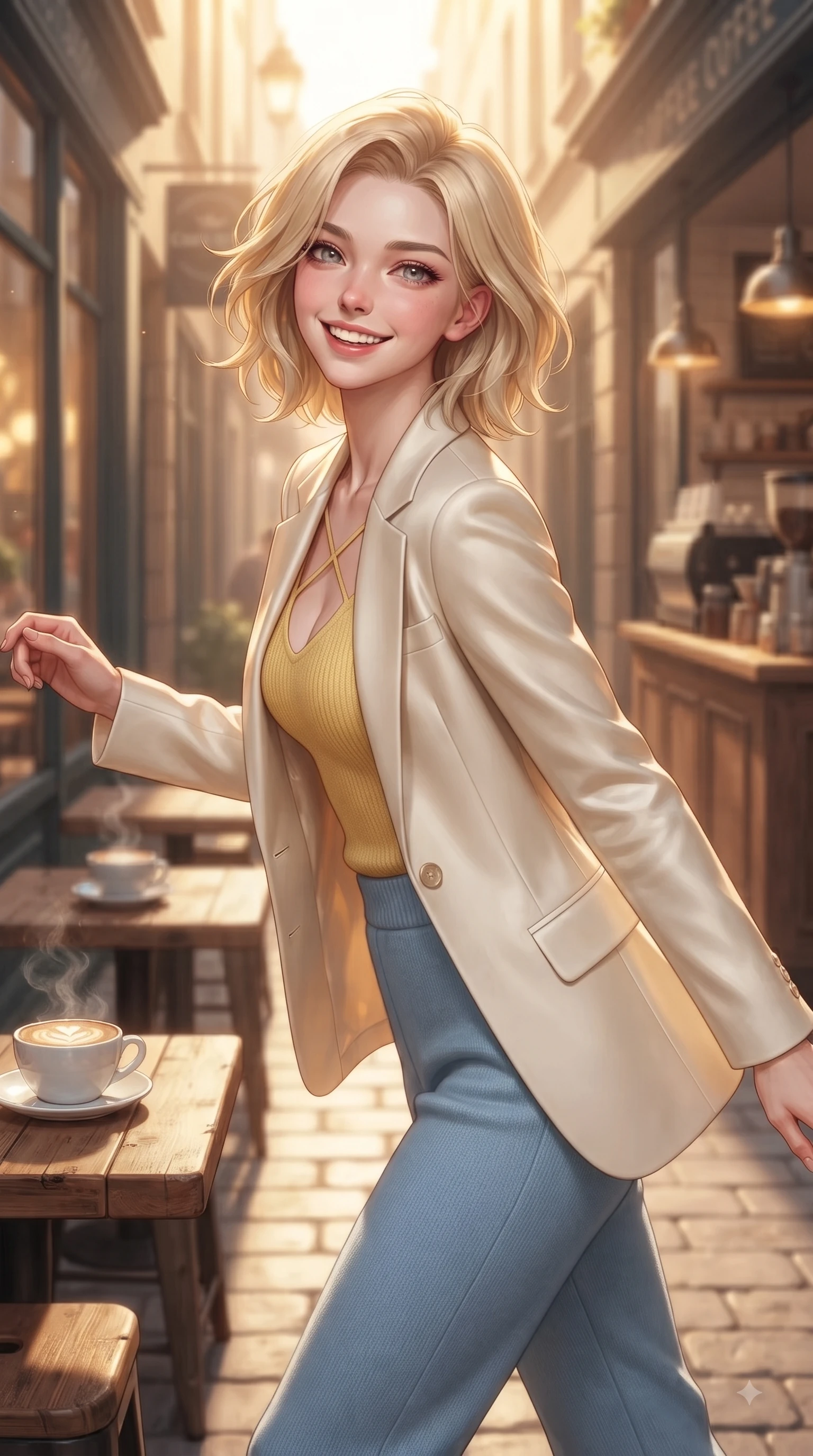score_9, masterpiece, best quality, ultra-detailed, high-budget anime keyframe, editorial fashion photography, tasteful artistic composition, Caucasian woman. close-up cowboy shot from the waist and thighs up, the character dominates the composition, filling the frame with her large presence. Cheerful beaming smile with sparkling eyes and a fresh girlhood aura, leaning forward with playful grace while stepping along a quiet alley lined with artisanal coffee shops under warm sunlight. The composition keeps background elements in soft focus with dreamy bokeh. steaming latte cups and rustic coffee bar counters blurred smoothly behind her. She has an exceptionally elegant, slender, and willowy female figure with an ultra-slim waist, a gracefully sculpted slender torso, and a refined silhouette. sharp v-shaped jawline, high-bridge nose, intricate jewel-like eyes with depth, thick eyelashes, glossy lips with a natural sheen, flawlessly proportioned anatomical accuracy, natural body alignment, perfectly sculpted elegant limbs, clean dynamic posture without body distortion. wearing a tailored cream silk blazer over a fitted scoop-neck camisole and slacks in sunny canary yellow and clear sky blue, knitted from soft cozy cashmere yarn, finished with delicate criss-cross back straps highlighting her bare shoulders, the sleek second-skin texture accentuating her magnetic presence. bathed in warm golden sunlight streaming through clean glass cafe windows. ultra-reflective glossy finish, specular highlights, metallic sheen, high-contrast stereoscopic depth, volumetric dynamic lighting, 2k, ultra detail, master piece, 9:16 ratio