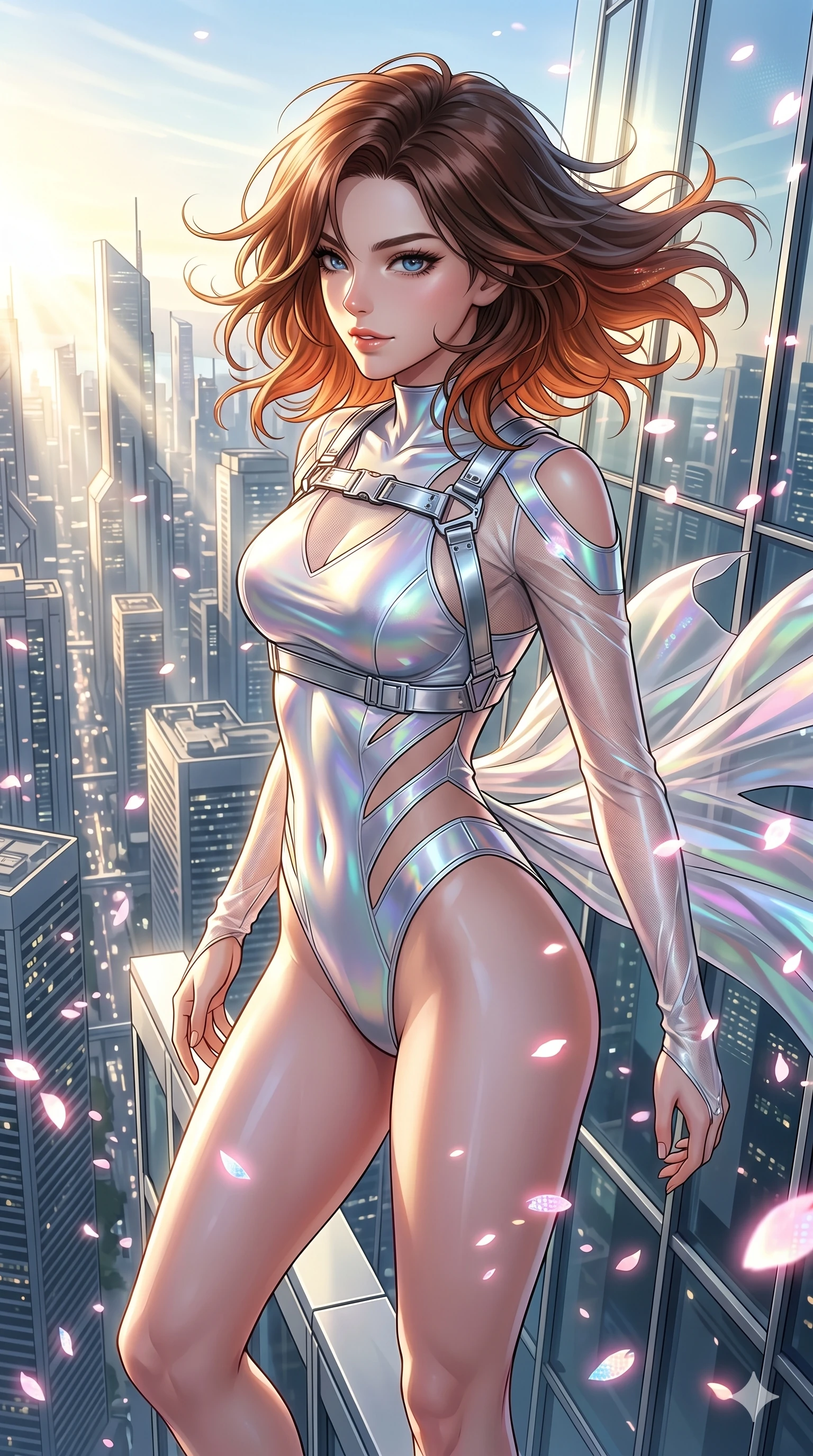 score_9, masterpiece, best quality, ultra-detailed, high-budget anime keyframe, editorial fashion photography, tasteful artistic composition, Korean woman. Upper body close-up from the thighs up, character filling the screen for maximum presence. She is standing on the edge of a skyscraper, her hair and clothes whipping in the wind as cybernetic sakura petals blizzard around. She twists her upper body dramatically with a confident half-smile. She has an absolutely perfect 8-heads proportion, an exceptionally tall and slender female figure with impossibly long slender legs and an ultra-slim waist. V-shaped jawline, high-bridge nose, intricate jewel-like eyes with depth, thick eyelashes, glossy lips with a natural sheen. She is wearing an ultra-sleek high-cut tech-bodysuit featuring dangerous diagonal slitted cutouts on the midriff and shoulders, reinforced by a metallic silver harness and sheer mesh sleeves. The scene is bathed in brilliant morning sunlight and sharp sun rays reflecting off distant glass skyscrapers. 2k, ultra detail, master piece, 9:16 ratio