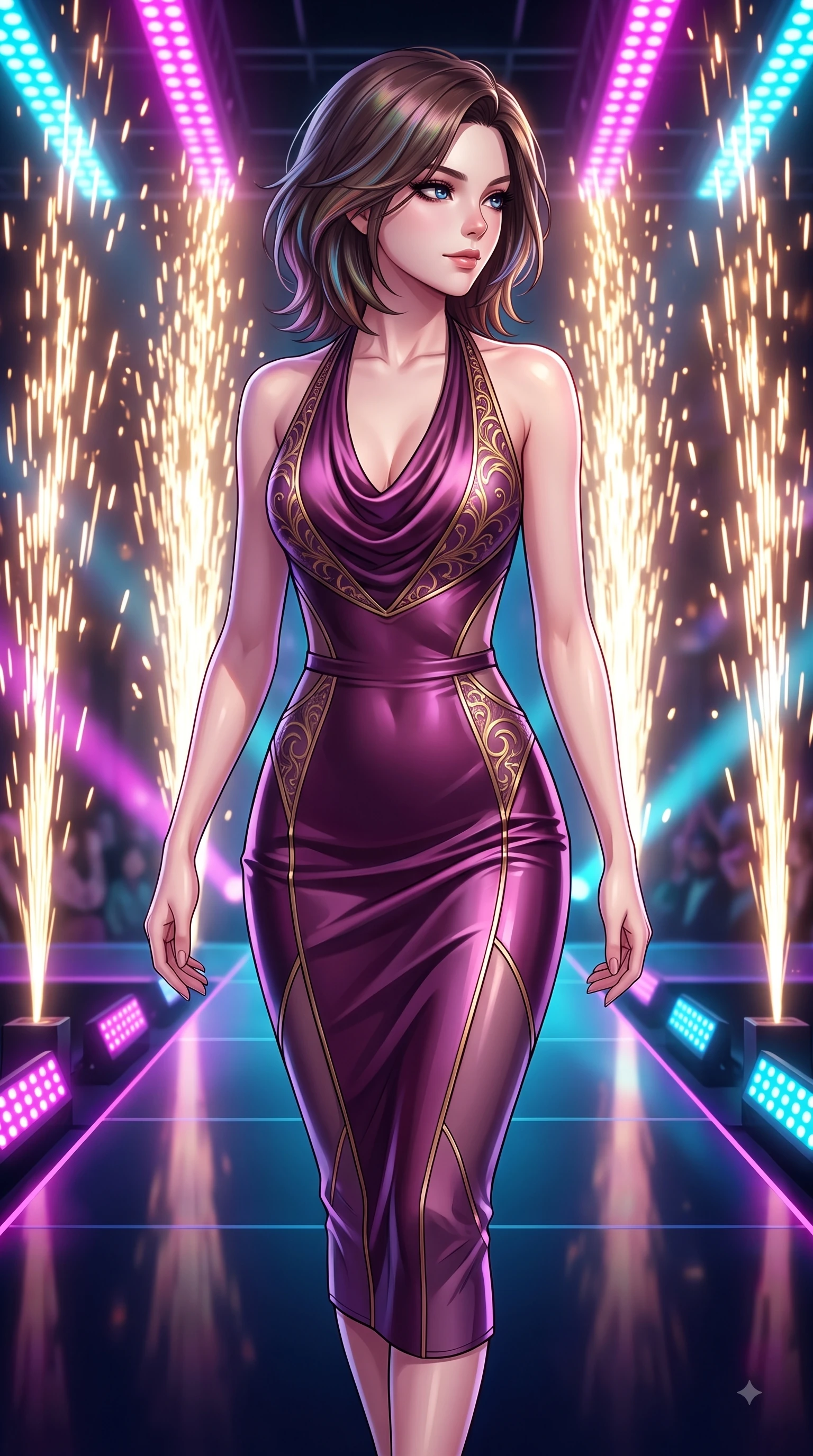 score_9, masterpiece, best quality, ultra-detailed, high-budget anime keyframe, editorial fashion photography, tasteful artistic composition, Korean woman. close-up cowboy shot from the waist and thighs up, the character dominates the composition, filling the frame with her large presence, background elements kept in soft focus. Casting a seductive sidelong gaze over her bare shoulder with heavy lashes and a composed half-smile while walking down a shiny dark stage catwalk under pulsing magenta and cyan LED arrays, golden pyrotechnic sparks falling like a waterfall behind her statuesque silhouette. She has an exceptionally elegant, slender, and willowy female figure with an ultra-slim waist, a gracefully sculpted slender torso, and a refined silhouette. sharp v-shaped jawline, high-bridge nose, intricate jewel-like eyes with depth, thick eyelashes, glossy lips with a natural sheen, flawlessly proportioned anatomical accuracy, natural body alignment, perfectly sculpted elegant limbs, clean dynamic posture without body distortion. wearing an elegant cowl-neck satin midi dress with a graceful draped neckline in plum purple and gold filigree, formed from sleek second-skin neoprene, featuring subtle geometric cutouts that highlight her ultra-slim midriff, the tailored fabric tightly following every curve of her athletic build. surrounded by an electric, high-energy performer aura with sharp shadows. highly saturated vibrant anime colors, detailed shading with soft gradients, rich glossy textures, high-contrast stereoscopic depth, volumetric dynamic lighting, master piece, 9:16 ratio