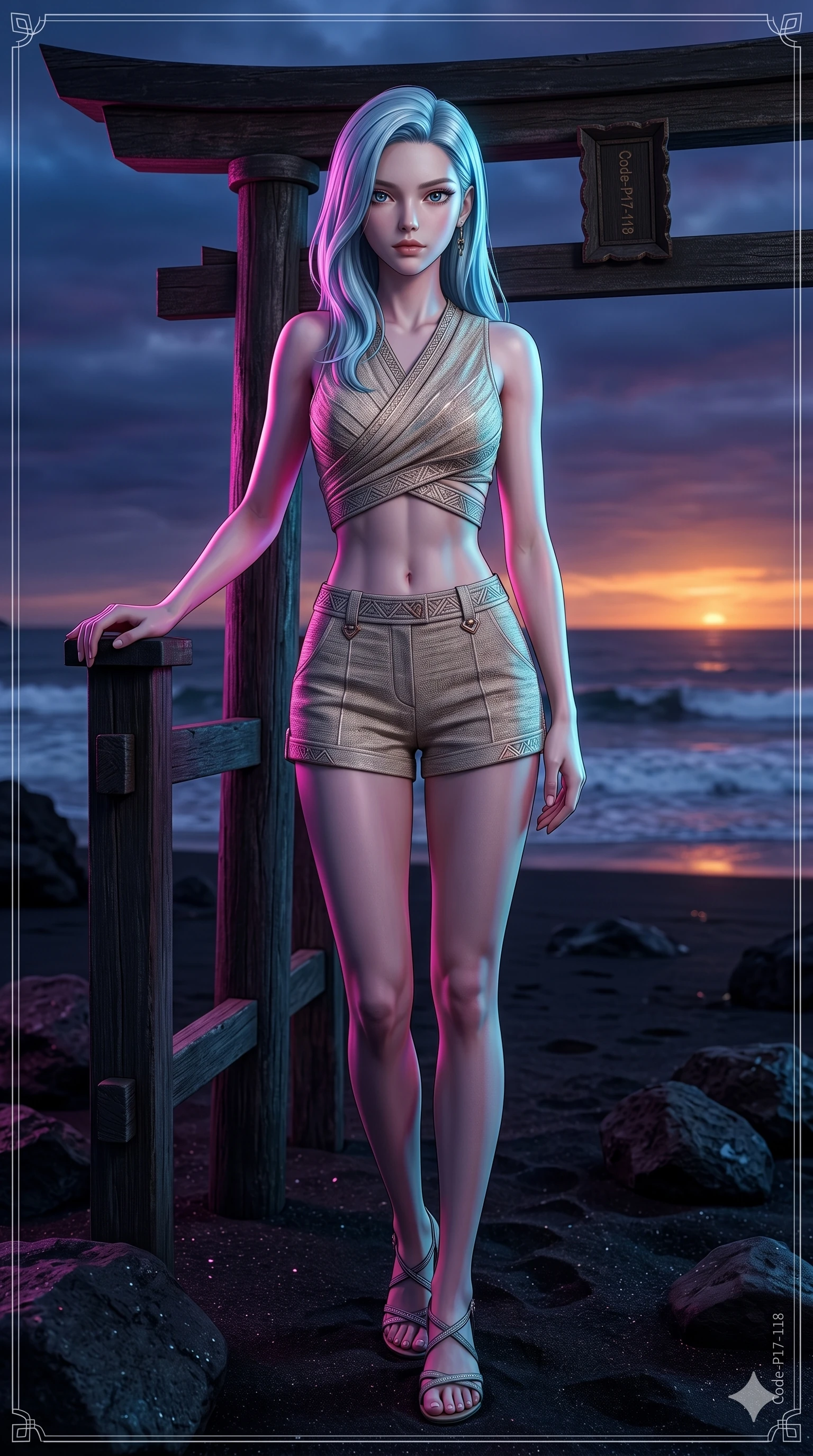 score_9, masterpiece, best quality, ultra-detailed, high-budget anime keyframe, editorial fashion photography, tasteful artistic composition, Korean woman. cowboy shot from the thighs up, character and outfit filling the frame for maximum editorial presence. resting one hand on a wooden torii gate, casting a quiet, magnetic eyes gaze directly at the lens on a volcanic beach at twilight (Code-P17-118). She has an absolutely perfect 8-heads proportion, an exceptionally tall and slender female figure with impossibly long slender legs and an ultra-slim waist. V-shaped jawline, high-bridge nose, intricate jewel-like eyes with depth, thick eyelashes, glossy lips with a natural sheen. wearing a wrap top exposing her sculpted midriff and tailored shorts. intense magenta and cyan holographic ring lights casting colorful highlights on her. 2k, ultra detail, master piece, 9:16 ratio