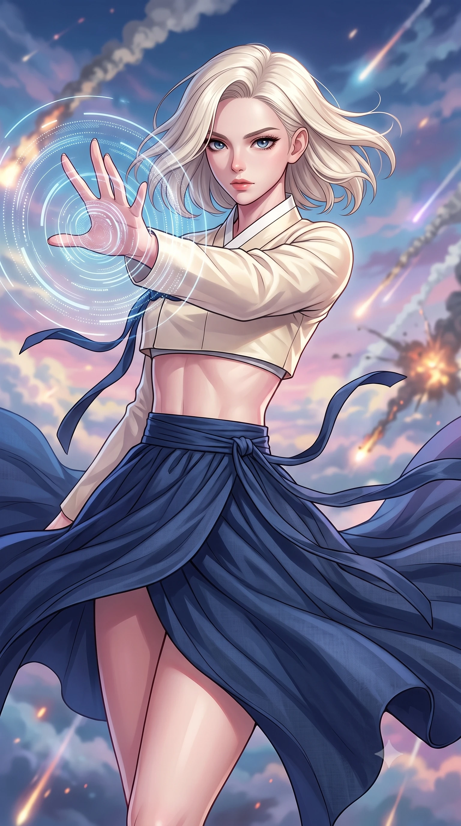 score_9, masterpiece, best quality, ultra-detailed, high-budget anime keyframe, editorial fashion photography, tasteful artistic composition, Caucasian woman, strictly human ears. close-up cowboy shot from the waist and thighs up, the character dominates the composition, filling the frame with her large presence, background elements kept in soft focus. Casting a digital tracking wave with an outstretched hand, her gaze locked on the escaping target. set against a soft-focus background of falling through the upper atmosphere of an alien planet during a battle, smoke trails and explosions in the clouds. She has an exceptionally elegant and slender, willowy female figure with an ultra-slim waist, a gracefully sculpted slender torso, and a refined slim physique. sharp v-shaped jawline, high-bridge nose, intricate jewel-like eyes with depth, thick eyelashes, glossy lips with a natural sheen. wearing the lightweight fabric rippling and billowing dramatically with her movement, a tailored modern fusion Hanbok featuring a cream silk cropped jeogori over a flowing navy blue linen wrapped skirt. highly saturated vibrant anime colors, intense vivid color palette, soft 3D volumetric shading, volumetric dynamic lighting, cold silver moonlight filtered through translucent gossamer curtains casting delicate shadows. 2k, ultra detail, master piece, 9:16 ratio