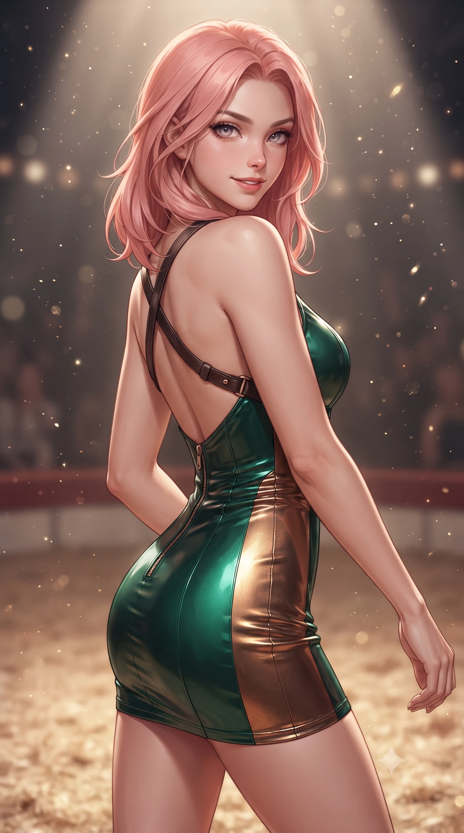 score_9, masterpiece, best quality, ultra-detailed, high-budget anime keyframe, editorial fashion photography, tasteful artistic composition, Japanese woman. close-up cowboy shot from the waist and thighs up, the character dominates the composition, filling the frame with her large presence. turning over a bare shoulder with an intoxicating, teasing smile, her soft hair framing her sharp jawline as her hips angle gracefully while pivoting dynamically on the sawdust arena floor, her tailored garments fluttering to accentuate her statuesque hips and long slender legs. The composition keeps background elements in soft focus with creamy bokeh. drifting stage haze and floating glitter particles catching spotlight rays across the arena. She has an exceptionally elegant, slender, and willowy female figure with an ultra-slim waist, a gracefully sculpted slender torso, toned flat midriff, and rounded feminine hips creating an alluring hourglass silhouette. sharp v-shaped jawline, high-bridge nose, intricate jewel-like eyes with depth, thick eyelashes, glossy parted lips with a natural sheen, intensely captivating and seductive bedroom-eyes expression, flawlessly proportioned anatomical accuracy, strict slender model proportions, natural body alignment, perfectly sculpted long slender limbs, ultra-slim waistline, clean dynamic posture without body distortion. wearing a form-contouring vinyl circus mini dress with front zipper and body-hugging hip hug in deep emerald green and liquid bronze, crafted from luxurious metallic lamé that shifts radiance with every step, accented with criss-cross back harness straps in dark leather framing her bare spine, the form-contouring material adhering flawlessly to her sculpted flat midriff and slender torso, emphasizing her long leg lines and perfectly proportioned willowy build. surrounded by an eccentric, spellbinding, and dangerously seductive circus queen aura. ultra-reflective glossy finish, specular highlights, rich textural contrasts, high-contrast stereoscopic depth, volumetric dynamic lighting, 2k, ultra detail, master piece, 9:16 ratio