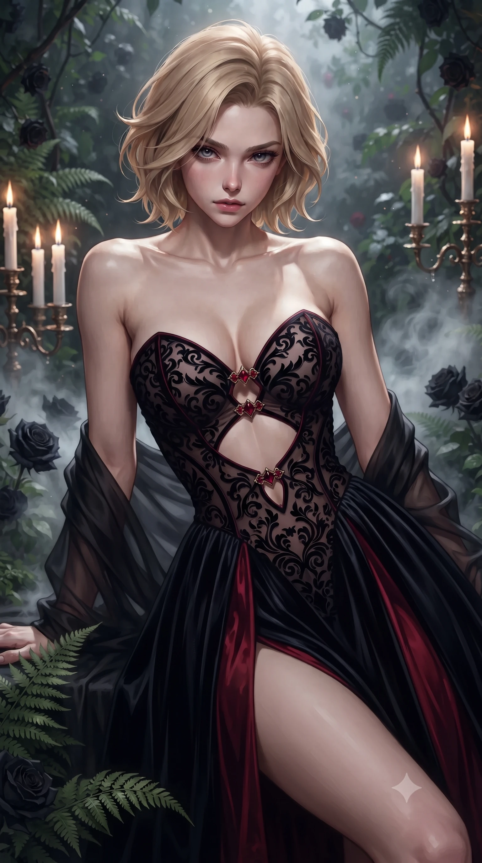 score_9, masterpiece, best quality, ultra-detailed, high-budget anime keyframe, editorial fashion photography, tasteful artistic composition, Caucasian woman. close-up cowboy shot from the waist and thighs up, the character dominates the composition, filling the frame with her large presence. leaning back with relaxed seductive grace, her sculpted collarbones highlighted by light, casting smoldering bedroom-eyes directly into the lens while gliding between whispering ferns and overgrown black roses, her smoldering gaze locking onto the viewer with intoxicating allure. The composition keeps background elements in soft focus with creamy bokeh. flickering antique candelabras and swirling garden mist softened in dreamy romantic shallow focus. She has an exceptionally elegant, slender, and willowy female figure with an ultra-slim waist, a gracefully sculpted slender torso, toned flat midriff, and a refined slim silhouette. sharp v-shaped jawline, high-bridge nose, intricate jewel-like eyes with depth, thick eyelashes, glossy parted lips with a natural sheen, intensely captivating and seductive expression, flawlessly proportioned anatomical accuracy, strict slender model proportions, natural body alignment, perfectly sculpted long slender limbs, ultra-slim waistline, clean dynamic posture without body distortion. wearing a deep sweetheart neckline velvet ballgown with an exposed midriff cutout framed by ruby clasps in midnight obsidian black and blood crimson, made of sheer contouring mesh with velvet flocking patterns, finished with a gossamer silk shawl draped loosely over her elbows, the form-contouring material adhering flawlessly to her sculpted flat midriff and slender torso, emphasizing her long leg lines and perfectly proportioned willowy build. illuminated by dramatic chiaroscuro key light sharply carving her slender waist, bare collarbones, and jawline. ultra-reflective glossy finish, specular highlights, rich textural contrasts, high-contrast stereoscopic depth, volumetric dynamic lighting, 2k, ultra detail, master piece, 9:16 ratio