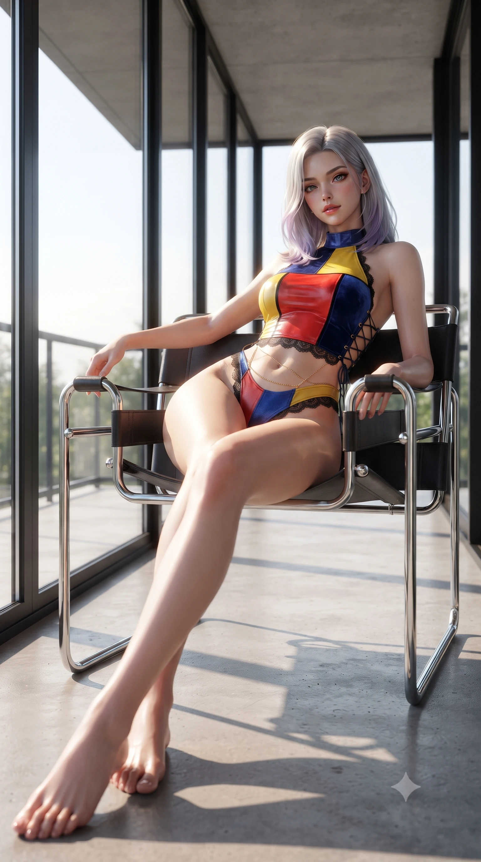 score_9, masterpiece, best quality, ultra-detailed, high-budget anime keyframe, editorial fashion photography, tasteful artistic composition, Caucasian woman. low angle full-body shot from head to toe showing her feet, filling the entire 9:16 vertical frame with her statuesque presence, stretching her vertical silhouette. lounging on the lavish daybed with legs crossed and hips angled toward the camera, displaying her toned midriff and long slender limbs with effortless siren poise while lounging in an original Marcel Breuer tubular steel Wassily chair propped on one elbow, her flat midriff commanding the functionalist space. The surrounding environment is rendered in vivid detail and crisp panoramic clarity: sharp black steel window mullion joints, tubular chrome chair tubing reflections, and smooth concrete balcony slab in deep focus. She has an absolutely perfect, statuesque 8.5-heads proportion, an exceptionally tall and slender model-like female figure with impossibly long slender legs, an ultra-slim waist, a flat toned midriff, narrow delicate ribcage, and beautifully sculpted feminine hips creating a graceful, slim hourglass silhouette without any bulky heaviness. sharp v-shaped jawline, high-bridge nose, sparkling eyes with hypnotic seductive depth, thick curled eyelashes, glossy parted lips with a natural dewy peach sheen, alluring bedroom-eyes with an enchanting coquettish smile, exuding magnetic siren charisma and sophisticated glamour, flawlessly proportioned anatomical accuracy, strict slender model proportions, natural body alignment, perfectly sculpted long slender limbs, ultra-slim waistline, clean dynamic posture without body distortion. wearing a slinky backless halterneck velvet leotard with scalloped eyelash lace hems and sheer lace-up side ties in Mondrian primary red, canary yellow, and electric cobalt blue, woven from buttery-soft stretch lambskin leather adhering to her body like a second skin, accented with a dainty gold belly chain resting across her flat midriff and curving hips, the liquid-tight tailored fabric clinging flawlessly to her narrow waist and rounded feminine hips, emphasizing every millimeter of her sculpted slim hourglass curves without any bulky heaviness. bathed in brilliant morning sunlight streaming through the floor-to-ceiling glass curtain wall. ultra-reflective glossy finish, specular highlights, rich textural contrasts, high-contrast stereoscopic depth, volumetric dynamic lighting, 2k, ultra detail, master piece, 9:16 ratio