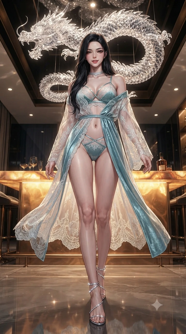 score_9, masterpiece, best quality, ultra-detailed, high-budget anime keyframe, editorial fashion photography, tasteful artistic composition, Korean woman. low angle full-body shot from head to toe showing her feet, filling the entire 9:16 vertical frame with her statuesque presence, stretching her vertical silhouette. stepping slowly toward the camera with hypnotic grace, hips swaying in an alluring sensual rhythm that accentuates her curvy hourglass silhouette and long slender legs while twisting her slender torso in an alluring contrapposto stance beneath the undulating crystal dragon sculpture suspended overhead. The surrounding environment is rendered in vivid detail and crisp panoramic clarity: detailed backless satin column mini dress drape, diamond choker shine, and bespoke interior design in razor-sharp precision. She has an absolutely perfect, statuesque 8.5-heads proportion, an exceptionally tall and slender model-like female figure with impossibly long slender legs, an ultra-slim waist, a flat toned midriff, narrow delicate ribcage, and beautifully sculpted feminine hips creating a graceful, slim hourglass silhouette without any bulky heaviness. sharp v-shaped jawline, high-bridge nose, sparkling eyes with hypnotic seductive depth, thick curled eyelashes, glossy parted lips with a natural dewy peach sheen, alluring bedroom-eyes with an enchanting coquettish smile, exuding magnetic siren charisma and sophisticated glamour, flawlessly proportioned anatomical accuracy, strict slender model proportions, natural body alignment, perfectly sculpted long slender limbs, ultra-slim waistline, clean dynamic posture without body distortion. wearing a delicate sheer lace boudoir robe worn loose and slipping off bare shoulders over a matching strappy bralette and briefs in celestial water-lily white and shimmering aquamarine, tailored from ultra-plush velvet with rich tactile depth and deep shadow gradients, complemented by strappy stiletto sandals with crystal ankle wraps accentuating her slender calves, the form-contouring silhouette accentuating her sculpted flat midriff, narrow delicate ribcage, and gracefully curvy hips with intoxicating allure. bathed in warm ambient light radiating upward through the translucent honey-onyx bar top. ultra-reflective glossy finish, specular highlights, rich textural contrasts, high-contrast stereoscopic depth, volumetric dynamic lighting, 2k, ultra detail, master piece, 9:16 ratio