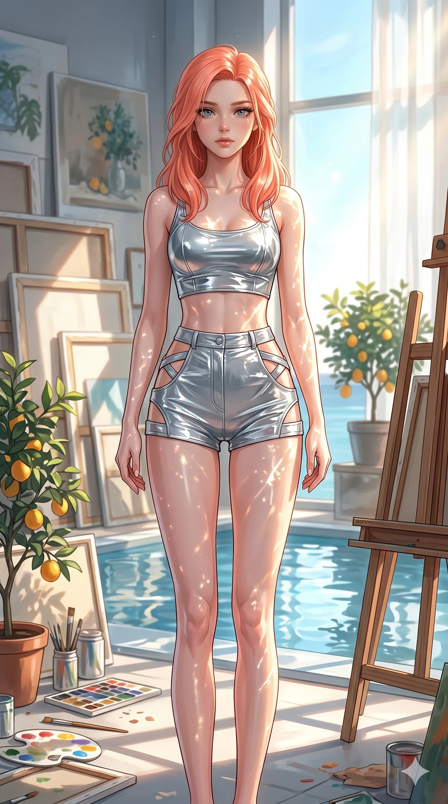 score_9, masterpiece, best quality, ultra-detailed, high-budget anime keyframe, editorial fashion photography, tasteful artistic composition, Japanese woman. cowboy shot from the thighs up, character and outfit filling the frame for maximum editorial presence. gazing past the camera with wistful, melancholic eyes, her posture relaxed and full of quiet elegance in a quiet sun-washed art atelier filled with canvases and potted citrus plants (Code-P055). She has an absolutely perfect 8-heads proportion, an exceptionally tall and slender female figure with impossibly long slender legs and an ultra-slim waist. V-shaped jawline, high-bridge nose, intricate jewel-like eyes with depth, thick eyelashes, glossy lips with a natural sheen. wearing a wet-look silver vinyl crop top and high-waisted shorts with side cutouts and straps. bathed in brilliant morning sunshine reflecting off the water, casting glittering light patterns across her skin. 2k, ultra detail, master piece, 9:16 ratio