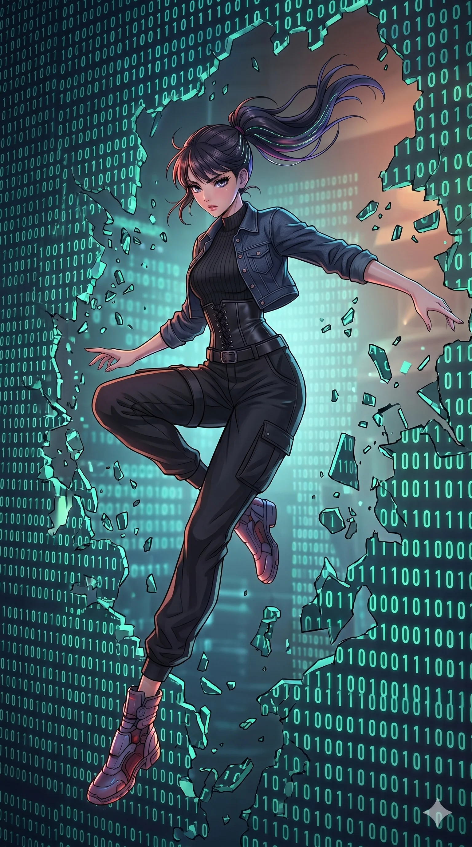 score_9, masterpiece, best quality, ultra-detailed, high-budget anime movie keyframe, cinematic anime lighting, intricate line art, Korean woman. Mid-air action shot capturing a graceful twist and vertical silhouette. escaping a digital prison by breaking through walls of binary. She has an absolutely perfect 8-heads proportion, an exceptionally tall and slender female figure with graceful and slender proportions. strictly human anatomy, two legs only, no extra limbs, clearly defined legs and arms, perfect anatomy, perfect hands and fingers. sharp v-shaped jawline, high-bridge nose, intricate jewel-like eyes, thick eyelashes, glossy lips. Wearing Urban Trendsetter: Ribbed bodycon dress, crop top with high-waist denim, and elegant corset with cargo pants. The scene is illuminated by dramatic atmospheric lighting and vibrant color palettes. , 2k, ultra detail, master piece, 9:16 ratio