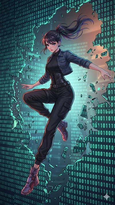 score_9, masterpiece, best quality, ultra-detailed, high-budget anime movie keyframe, cinematic anime lighting, intricate line art, Korean woman. Mid-air action shot capturing a graceful twist and vertical silhouette. escaping a digital prison by bre