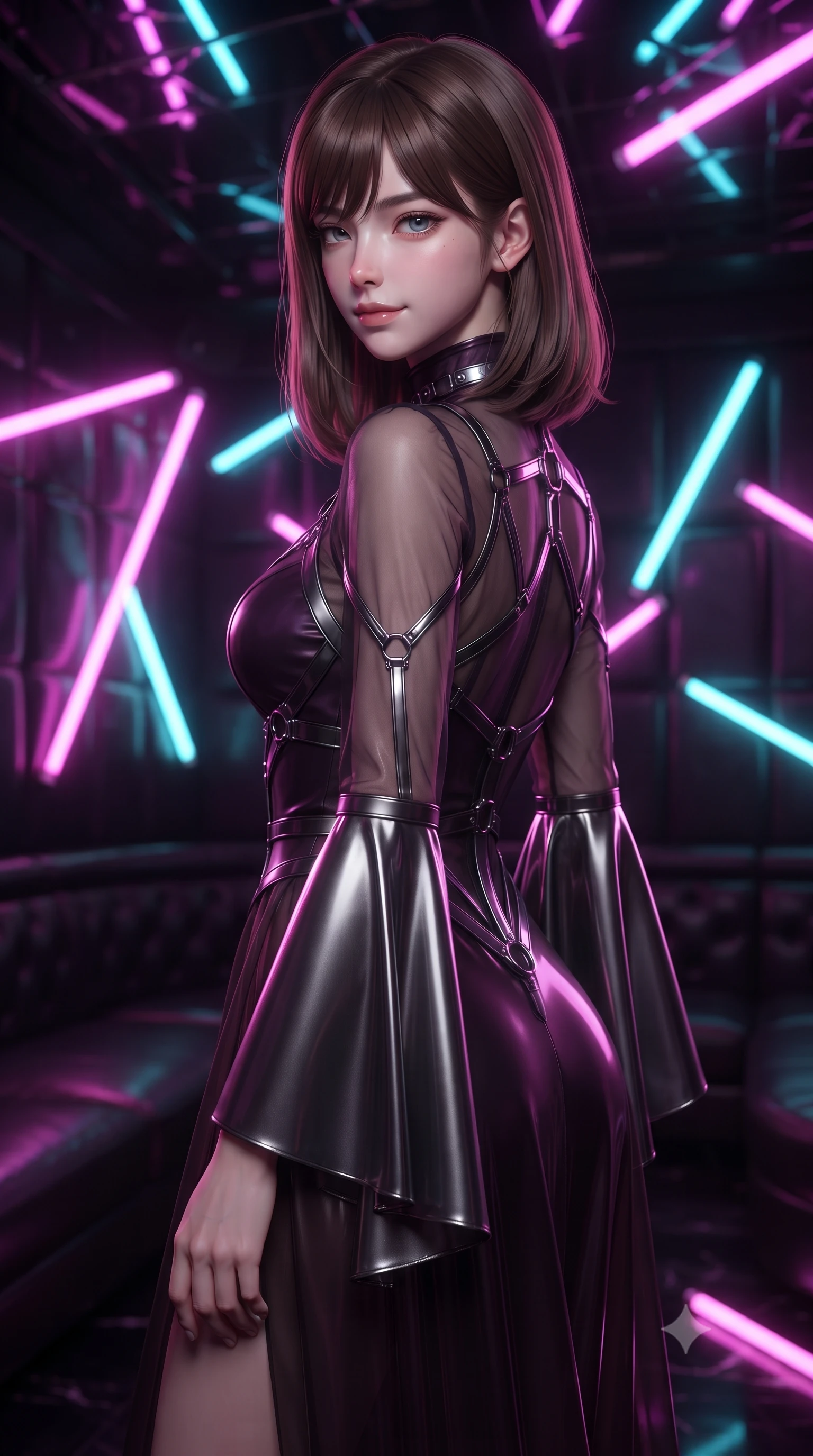 score_9, masterpiece, best quality, ultra-detailed, high-budget anime keyframe, editorial fashion photography, tasteful artistic composition, Korean woman. close-up cowboy shot from the waist and thighs up, the character dominates the composition, filling the frame with her large presence, background elements kept in soft focus. Glancing sidelong over her shoulder with a smoldering, enigmatic half-smile, navigating a dark leather-walled VIP room filled with floating neon light tubes, vibrant magenta and cyan neon rays casting geometric highlights on glossy vinyl. She has an exceptionally elegant, slender, and willowy female figure with an ultra-slim waist, a gracefully sculpted slender torso, and a refined silhouette. sharp v-shaped jawline, high-bridge nose, intricate jewel-like eyes with depth, thick eyelashes, glossy lips with a natural sheen. wearing gothic high-collar dark plum silk evening gown with bell sleeves in metallic dark silver, made of sheer dark organza overlay, highlighted by a gunmetal metallic harness structure, sculpting her athletic slender build with refined precision. bathed in high-contrast specular reflections from mirror ceilings. ultra-reflective glossy finish, specular highlights, metallic sheen, high-contrast stereoscopic depth, volumetric dynamic lighting, 2k, ultra detail, master piece, 9:16 ratio
