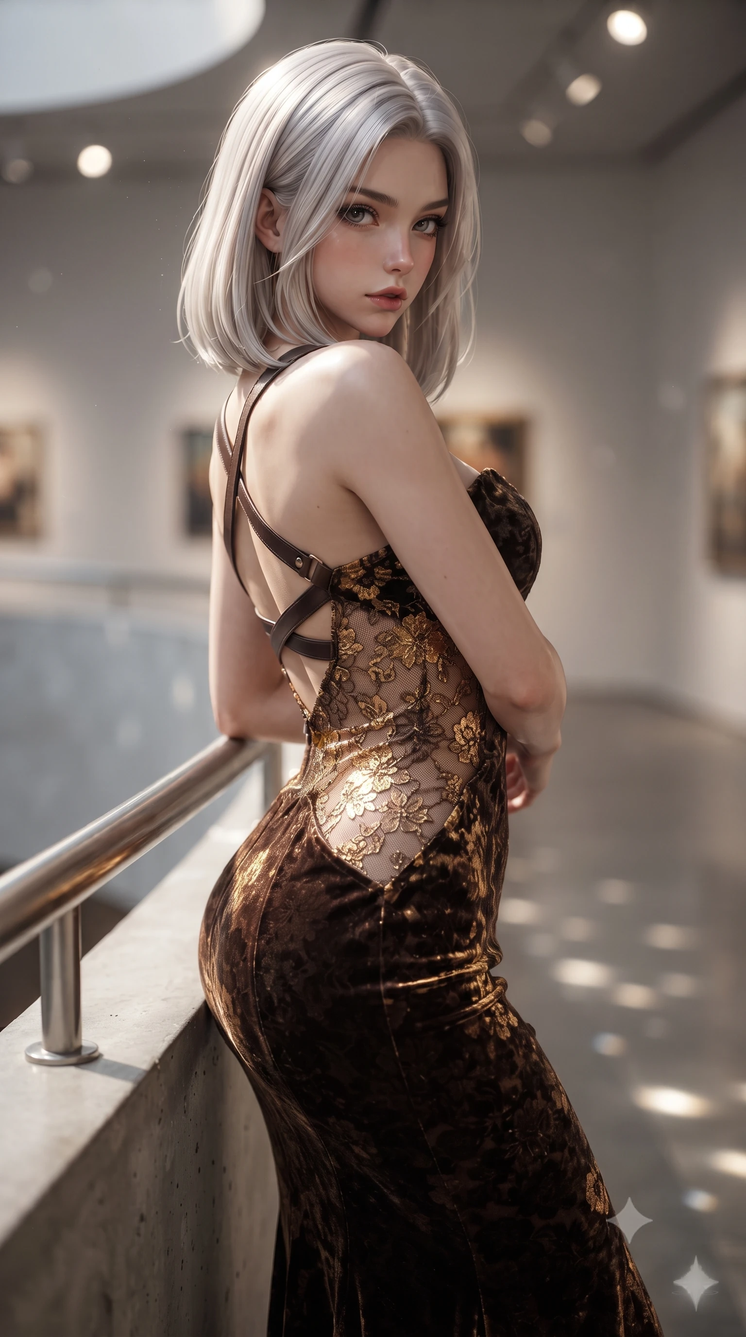 score_9, masterpiece, best quality, ultra-detailed, high-budget anime keyframe, editorial fashion photography, tasteful artistic composition, Korean woman. close-up cowboy shot from the waist and thighs up, the character dominates the composition, filling the frame with her large presence. leaning forward against the polished railing with her hips cocked back, creating an intoxicating curve from her narrow waist to sculpted hips as she gazes back into the lens while leaning back against the pedestal of a minimalist marble sculpture with hips cocked, casting a cool, intellectual, and smoldering gaze at the camera. The composition keeps background elements in soft focus with creamy bokeh. gallery pin-spotlight beams and reflective floor highlights scattering sleek directional light motes. She has an exceptionally elegant, slender, and willowy female figure with an ultra-slim waist, flat toned midriff, narrow ribcage, and sculpted feminine hips creating an alluring, slim hourglass silhouette without bulk. sharp v-shaped jawline, high-bridge nose, intricate jewel-like eyes with depth, thick eyelashes, glossy parted lips with a natural sheen, intensely captivating and seductive bedroom-eyes expression, flawlessly proportioned anatomical accuracy, strict slender model proportions, natural body alignment, perfectly sculpted long slender limbs, ultra-slim waistline, clean dynamic posture without body distortion. wearing a deep sweetheart neckline crushed velvet corseted ballgown with an exposed midriff cutout in dark espresso brown and molten gold foil, formed from shimmering floral lace over smooth opaque silk lining, featuring an open-back criss-cross harness strap in dark leather, the glove-like aerodynamic silhouette tightly following the natural contour of her hips and long slender legs with statuesque 8.5-heads elegance. surrounded by a sophisticated, avant-garde, and dangerously seductive art-world muse aura. ultra-reflective glossy finish, specular highlights, rich textural contrasts, high-contrast stereoscopic depth, volumetric dynamic lighting, 2k, ultra detail, master piece, 9:16 ratio