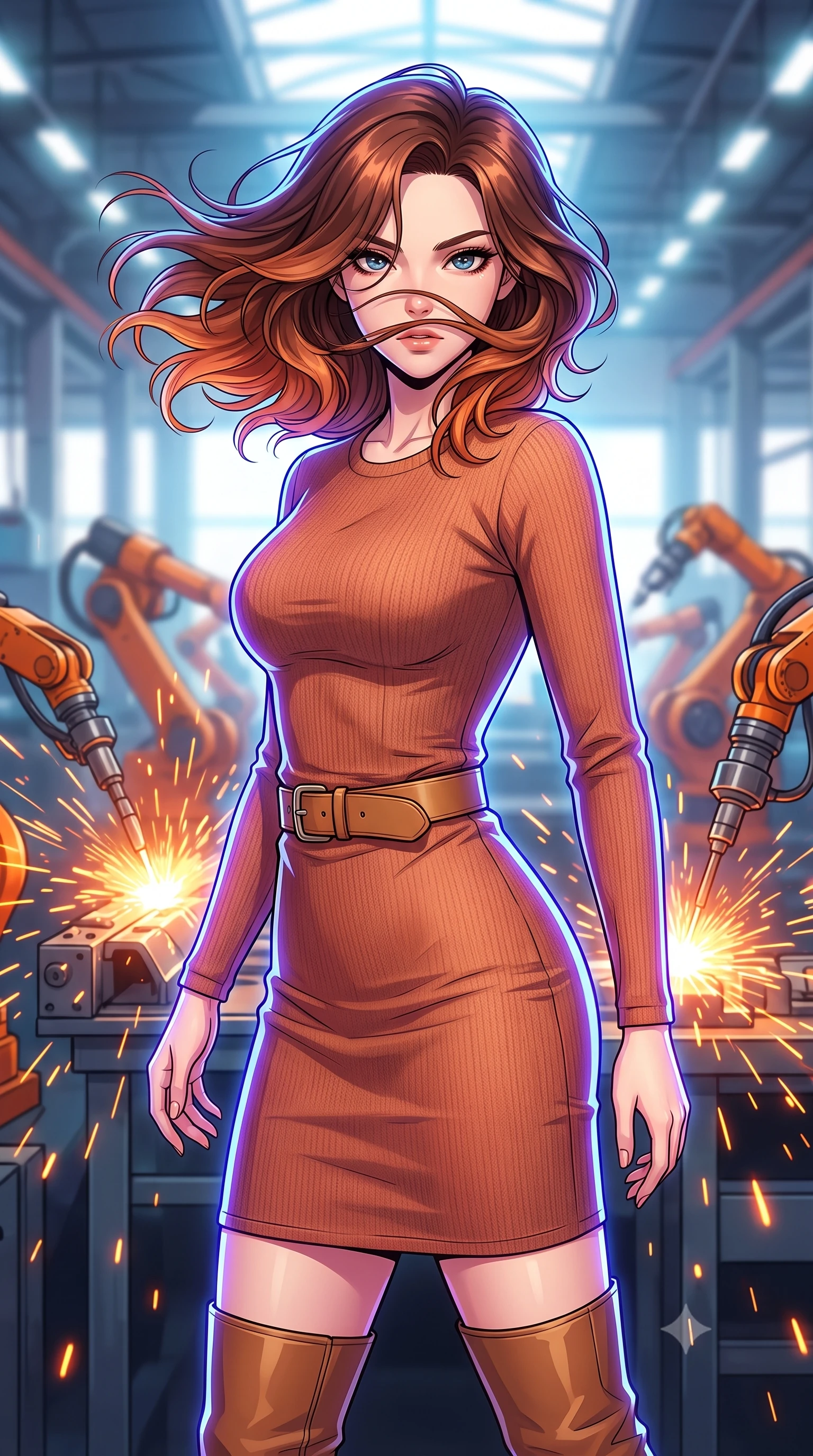 score_9, masterpiece, best quality, ultra-detailed, high-budget anime keyframe, clean line-art, cel-shading, Korean woman. close-up cowboy shot from the waist and thighs up, the character dominates the composition, filling the frame with her large presence, background elements kept in soft focus. Executing a sudden, fast pivot to face the camera, her hair whipping violently across her face. set against a soft-focus background of a factory floor filled with robotic arms welding metal parts, sparks flying in showers of hot orange light. She has an exceptionally elegant and slender, willowy female figure with an ultra-slim waist, a gracefully sculpted slender torso, and a refined slim physique. sharp v-shaped jawline, high-bridge nose, intricate jewel-like eyes with depth, thick eyelashes, glossy lips with a natural sheen. wearing tailored for maximum mobility, sleek form-contouring panels that allow fluid movement, a slim-fit long-sleeve knit midi dress in a warm terracotta tone, styled with a tan leather belt and knee-high brown boots. brilliant cinematic volumetric lighting with intense neon rim light outlining her form. highly saturated vibrant anime colors, intense vivid color palette, volumetric dynamic lighting, 2k, ultra detail, master piece, 9:16 ratio