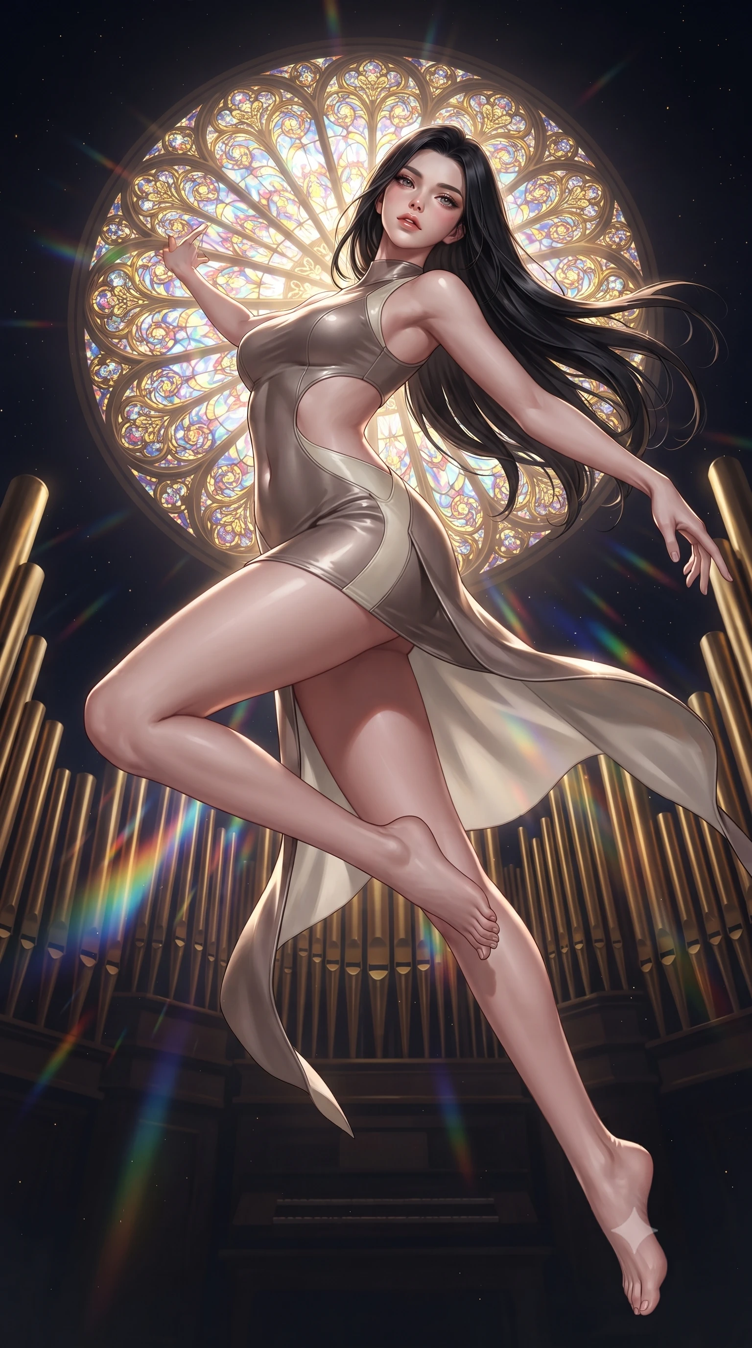 score_9, masterpiece, best quality, ultra-detailed, high-budget anime keyframe, editorial fashion photography, tasteful artistic composition, Korean woman. low angle full-body shot from head to toe showing her feet, filling the entire 9:16 vertical frame with her statuesque presence, stretching her vertical silhouette. pivoting dynamically in zero-gravity with fluid body alignment, displaying her perfect model proportions while performing a mid-air rotation in front of a giant stained glass rose window in space, golden filigree organ pipes casting intricate metallic reflections in mid-air. She has an absolutely perfect, statuesque 8.5-heads proportion, an exceptionally tall and slender model-like female figure with impossibly long slender legs and an ultra-slim waist. sharp v-shaped jawline, high-bridge nose, intricate jewel-like eyes with depth, thick eyelashes, glossy lips with a natural sheen, flawlessly proportioned anatomical accuracy, natural body alignment, perfectly sculpted elegant limbs, clean dynamic posture without body distortion. wearing a dramatic open-waist cutout mini dress framed by sculptural hardware in muted taupe and soft ivory, formed from sleek second-skin neoprene, featuring clean architectural cutouts along her slender torso, the tailored fabric tightly following every curve of her athletic build. surrounded by a divine cosmic aura with bright golden specular rim lights. ultra-reflective glossy finish, specular highlights, metallic sheen, high-contrast stereoscopic depth, volumetric dynamic lighting, 2k, ultra detail, master piece, 9:16 ratio