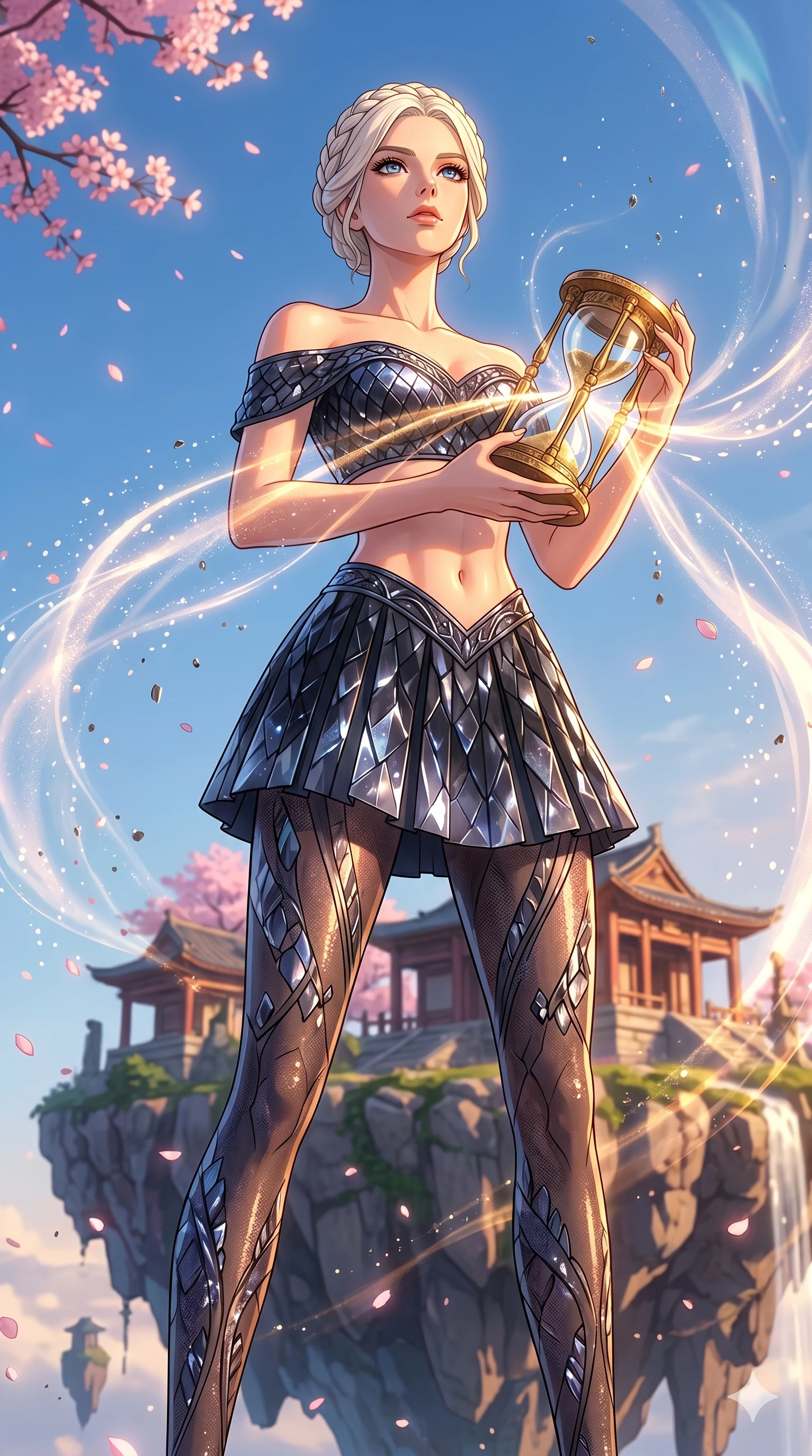 score_9, masterpiece, best quality, ultra-detailed, High-budget Anime Keyframe, vibrant colors, fluid line-art, expressive lighting, cinematic composition, Ufotable-style visual effects, top-tier animation quality, Caucasian woman with pale skin, blonde hair, and (strictly human ears). Low angle cowboy shot filling the entire 9:16 frame with her statuesque presence, looking up to emphasize her height. Controlling the flow of time itself with an ornate golden hourglass, the world around her slowing to a complete standstill. She has an absolutely perfect 8-heads proportion, an exceptionally tall and slender female figure with impossibly long slender legs and an ultra-slim waist, her statuesque height and towering silhouette dominating the vertical 9:16 frame. Her face is a masterpiece featuring a sharp v-shaped jawline, high-bridge nose, intricate jewel-like eyes with depth, thick eyelashes, and glossy lips with a natural sheen. She is wearing a Off-shoulder crop top paired with pleated skirts and patterned tights crafted from Obsidian-glass scales that shimmer with a dark, crystalline brilliance, featuring elegant design elements that emphasize her ultra-slim waist and hips. The scene is set in an ancient floating island with pink cherry blossoms falling like snow against a blue sky, illuminated by golden hour sunlight that gives her skin a warm, radiant glow. 2k, ultra detail, master piece, 9:16 ratio