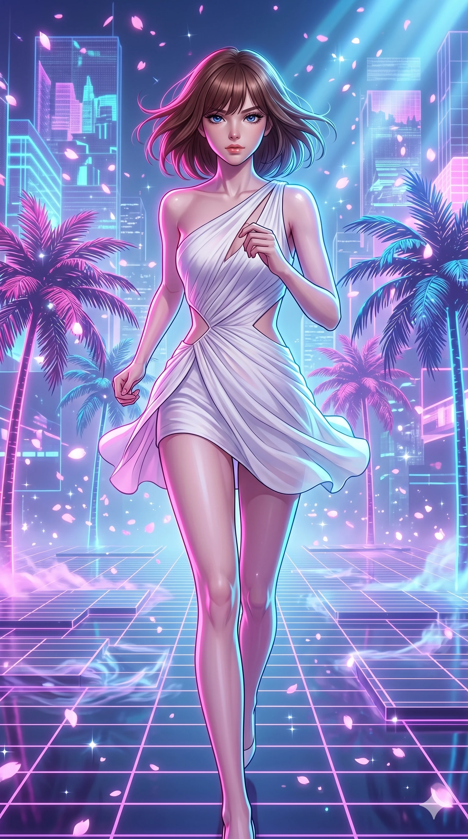 score_9, masterpiece, best quality, ultra-detailed, high-budget anime keyframe, editorial fashion photography, tasteful artistic composition, Caucasian woman, strictly human ears. upper body close-up from the thighs up, character filling the screen for maximum presence. sprinting along through a holographic vaporwave oasis with floating grid floors and neon palms as digital sakura petals blizzard and sparkle around her. She has an absolutely perfect 8-heads proportion, an exceptionally tall and slender female figure with impossibly long slender legs and an ultra-slim waist. V-shaped jawline, high-bridge nose, intricate jewel-like eyes with depth, thick eyelashes, glossy lips with a natural sheen.. wearing an asymmetric chiffon draped couture mini dress, featuring draped white chiffon fabric twisting around her body with elegant diamond cutouts on the waist. bathed in brilliant cinematic volumetric lighting and intense neon rim light highlighting her slender form. 2k, ultra detail, master piece, 9:16 ratio