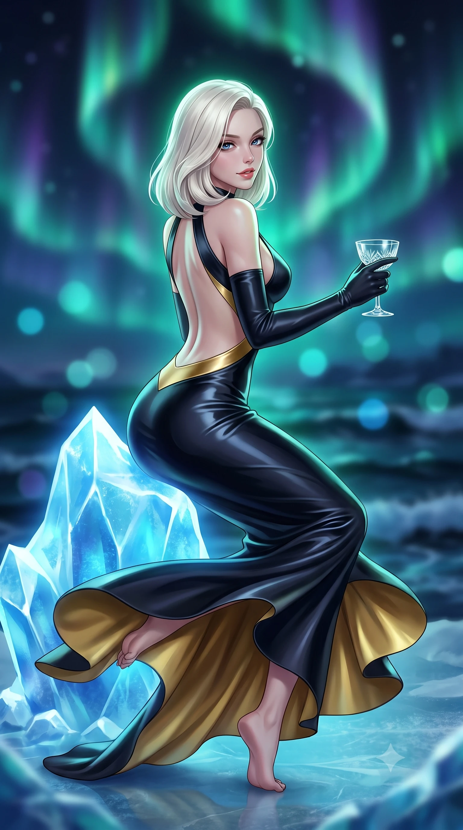 score_9, masterpiece, best quality, ultra-detailed, high-budget anime keyframe, semi-realistic 3D game render, editorial fashion photography, tasteful artistic composition, Caucasian woman. low angle full-body shot from head to toe showing her feet, filling the entire 9:16 vertical frame with her statuesque presence, stretching her vertical silhouette. executing an elegant mid-motion pivot turn as garments swirl around her slender limbs, glancing over her shoulder with an intoxicating bedroom-gaze while crouching low beside a glowing blue ice crystal, glancing back with smoldering bedroom-eyes as the polar aurora dances overhead. The composition keeps background elements in soft focus with creamy bokeh. swirling emerald and violet aurora ribbons and dark Arctic ocean breakers blurred into luminous teal, sapphire, and obsidian bokeh. She has an exceptionally tall and slender model-like 8.5-heads proportion, an ultra-slim waist, a flat toned midriff, narrow delicate ribcage, and beautifully sculpted feminine hips creating a graceful, slim hourglass silhouette without any bulky heaviness, with impossibly long slender legs. sharp v-shaped jawline, high-bridge nose, intricate jewel-like eyes with depth, thick eyelashes, glossy parted lips with a natural sheen, intensely captivating and seductive bedroom-eyes expression, flawlessly proportioned anatomical accuracy, strict slender model proportions, natural body alignment, perfectly sculpted long slender limbs, ultra-slim waistline, clean dynamic posture without body distortion. wearing a sculptured liquid-satin mermaid gown with an architectural open-waist cutout and bare spine in midnight obsidian black and liquid gold, tailored from second-skin aerodynamic stretch vinyl with specular wet sheen, accessorized with opera-length satin gloves and a vintage crystal glass, the liquid-tight tailored fabric clinging flawlessly to her narrow waist and rounded feminine hips, emphasizing every millimeter of her sculpted slim hourglass curves without any bulky heaviness. bathed in vibrant emerald aurora backlighting from above and cool silver twilight sea reflections. highly saturated vibrant anime colors, detailed shading with soft gradients, rich glossy textures, high-contrast stereoscopic depth, volumetric dynamic lighting, master piece, 9:16 ratio