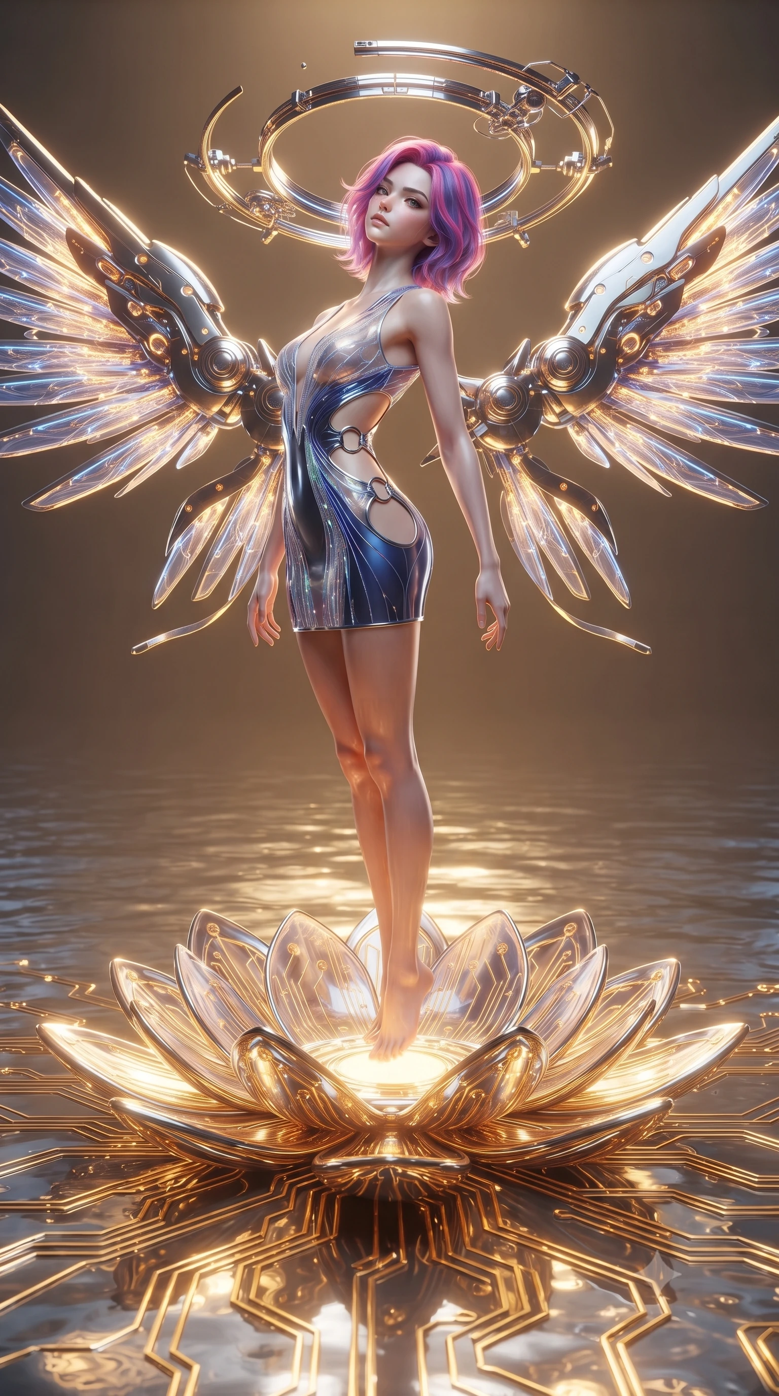 score_9, masterpiece, best quality, ultra-detailed, high-budget anime keyframe, editorial fashion photography, tasteful artistic composition, Caucasian woman. low angle full-body shot from head to toe showing her feet, filling the entire 9:16 vertical frame with her statuesque presence, stretching her vertical silhouette. arching her back gracefully in mid-air as glowing mechanical wings and floating cybernetic halos frame her statuesque presence while standing with sovereign poise atop a gigantic glowing gold and chrome circuit lotus floating in a pool of liquid mercury. The surrounding environment is rendered in vivid detail and crisp panoramic clarity. intricate cybernetic lotus stamen LEDs, polished chrome platform edges, and clear caustics in high clarity. She has an absolutely perfect, statuesque 8.5-heads proportion, an exceptionally tall and slender model-like female figure with impossibly long slender legs, a toned flat midriff, and an ultra-slim waist. sharp v-shaped jawline, high-bridge nose, intricate jewel-like eyes with depth, thick eyelashes, glossy lips with a natural sheen, flawlessly proportioned anatomical accuracy, strict slender model proportions, natural body alignment, perfectly sculpted long slender limbs, ultra-slim waistline, clean dynamic posture without body distortion. wearing a high-gloss lacquer cyber-couture mini dress with an open-back architectural cut and subtle glowing micro-filaments in liquid platinum silver and deep sapphire blue LED filaments, crafted from delicate iridescent organza interwoven with luminescent micro-fibers, detailed with polished silver rings connecting the daring side-waist cutouts, the sleek second-skin cut tightly hugging her graceful clavicle, narrow waist, and feminine curves with athletic precision. bathed in warm golden circuit lotus uplights and glittering liquid mercury caustics. ultra-reflective glossy finish, specular highlights, dark metallic sheen, high-contrast stereoscopic depth, volumetric dynamic lighting, 2k, ultra detail, master piece, 9:16 ratio