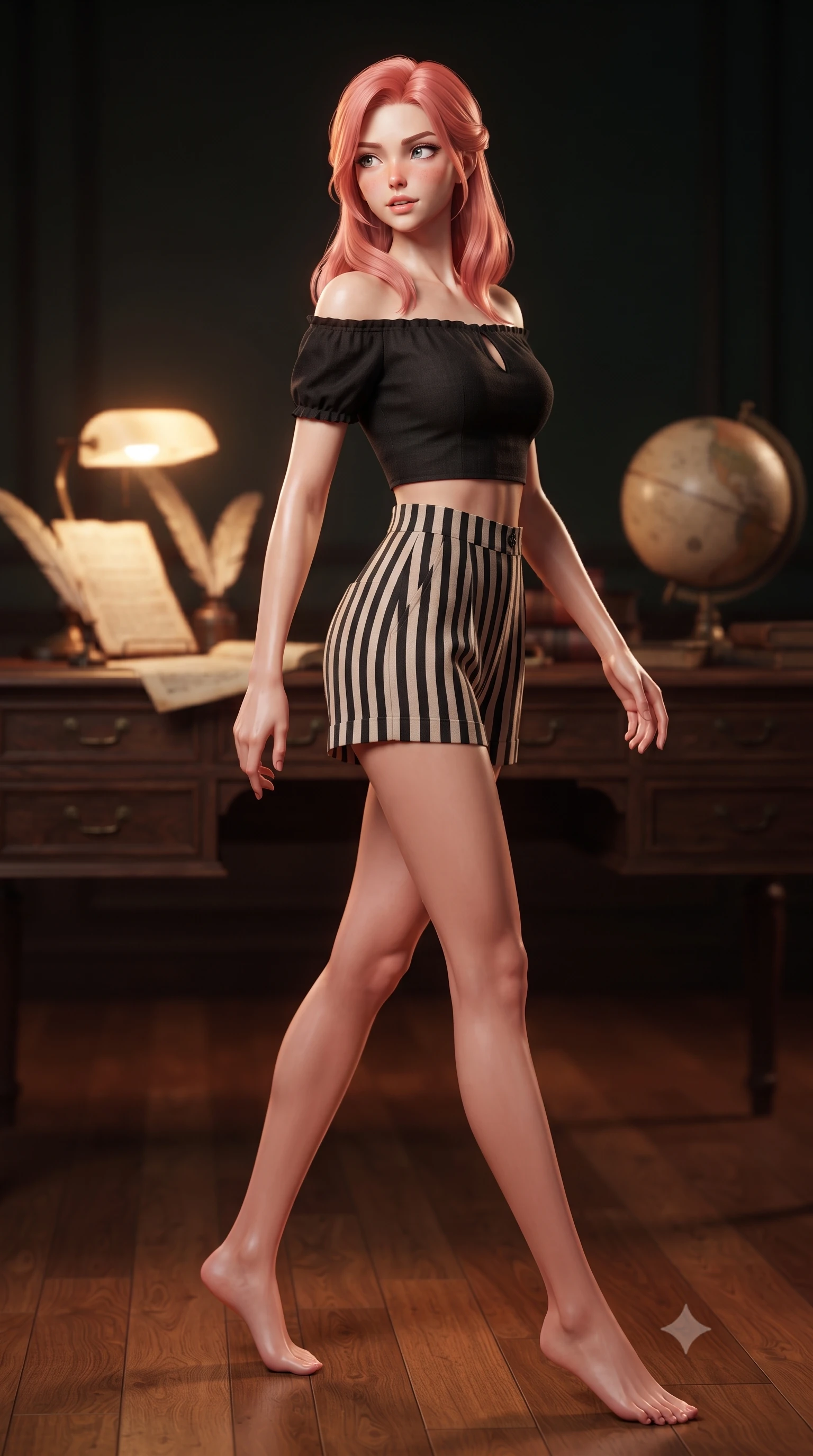 score_9, masterpiece, best quality, ultra-detailed, high-budget anime keyframe, editorial fashion photography, tasteful artistic composition, Japanese woman. low angle full-body shot from head to toe showing her feet, filling the entire 9:16 vertical frame with her statuesque presence, stretching her vertical silhouette. stepping gracefully while looking back over her shoulder, her dress draped tightly to reveal her silhouette the background shows a soft-focus a private velvet study with vintage globe, dark oak desk, and quill manuscripts. She has an absolutely perfect, statuesque 8.5-heads proportion, an exceptionally tall and slender model-like female figure with impossibly long slender legs and an ultra-slim waist. sharp v-shaped jawline, high-bridge nose, intricate jewel-like eyes with depth, thick eyelashes, glossy lips with a natural sheen. wearing a slim-fit chic off-shoulder crop top in black linen, paired with high-waisted striped resort shorts. warm desk lamp light casting cozy, nostalgic shadows on the oak surface. highly saturated vibrant anime colors, detailed shading with soft gradients, rich glossy textures, high-contrast stereoscopic depth, volumetric dynamic lighting, master piece, 9:16 ratio