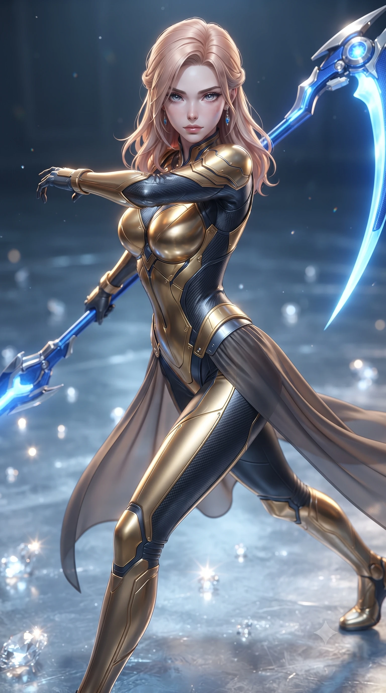 score_9, masterpiece, best quality, ultra-detailed, high-budget anime keyframe, editorial fashion photography, tasteful artistic composition, Japanese woman. close-up cowboy shot from the waist and thighs up, the character dominates the composition, filling the frame with her large presence. twisting her upper body in a dynamic S-curve combat stance, one hand steadying her weapon with commanding supermodel allure while stepping across ice-slicked laboratory tiles with spear balanced horizontally, radiating sovereign arctic composure. The composition keeps background elements in soft focus with creamy bokeh. glistening diamond ice crystals scattering bright specular light motes across a cool backdrop. She has an exceptionally elegant, slender, and willowy female figure with an ultra-slim waist, a gracefully sculpted slender torso, toned flat midriff, and a refined slim silhouette. sharp v-shaped jawline, high-bridge nose, intricate jewel-like eyes with depth, thick eyelashes, glossy lips with a natural sheen, flawlessly proportioned anatomical accuracy, strict slender model proportions, natural body alignment, perfectly sculpted long slender limbs, ultra-slim waistline, clean dynamic posture without body distortion. wearing a sculpted molten-gold and dark carbon cuirass paired with high-mobility combat leggings and sheer side drapes, wielding a glowing plasma energy scythe with fluid grace in electric cobalt blue carbon with polished platinum trim, crafted from ultra-strong woven carbon-fiber composite with a satin luster, finished with high-mobility articulation joints and miniature magnetic armor locks, the form-contouring material adhering flawlessly to her sculpted flat midriff and slender torso, emphasizing her long leg lines and perfectly proportioned willowy build. illuminated by crisp specular ice refractions outlining her ultra-slim waist, long legs, and flat midriff. ultra-reflective glossy finish, specular highlights, dark metallic sheen, high-contrast stereoscopic depth, volumetric dynamic lighting, 2k, ultra detail, master piece, 9:16 ratio