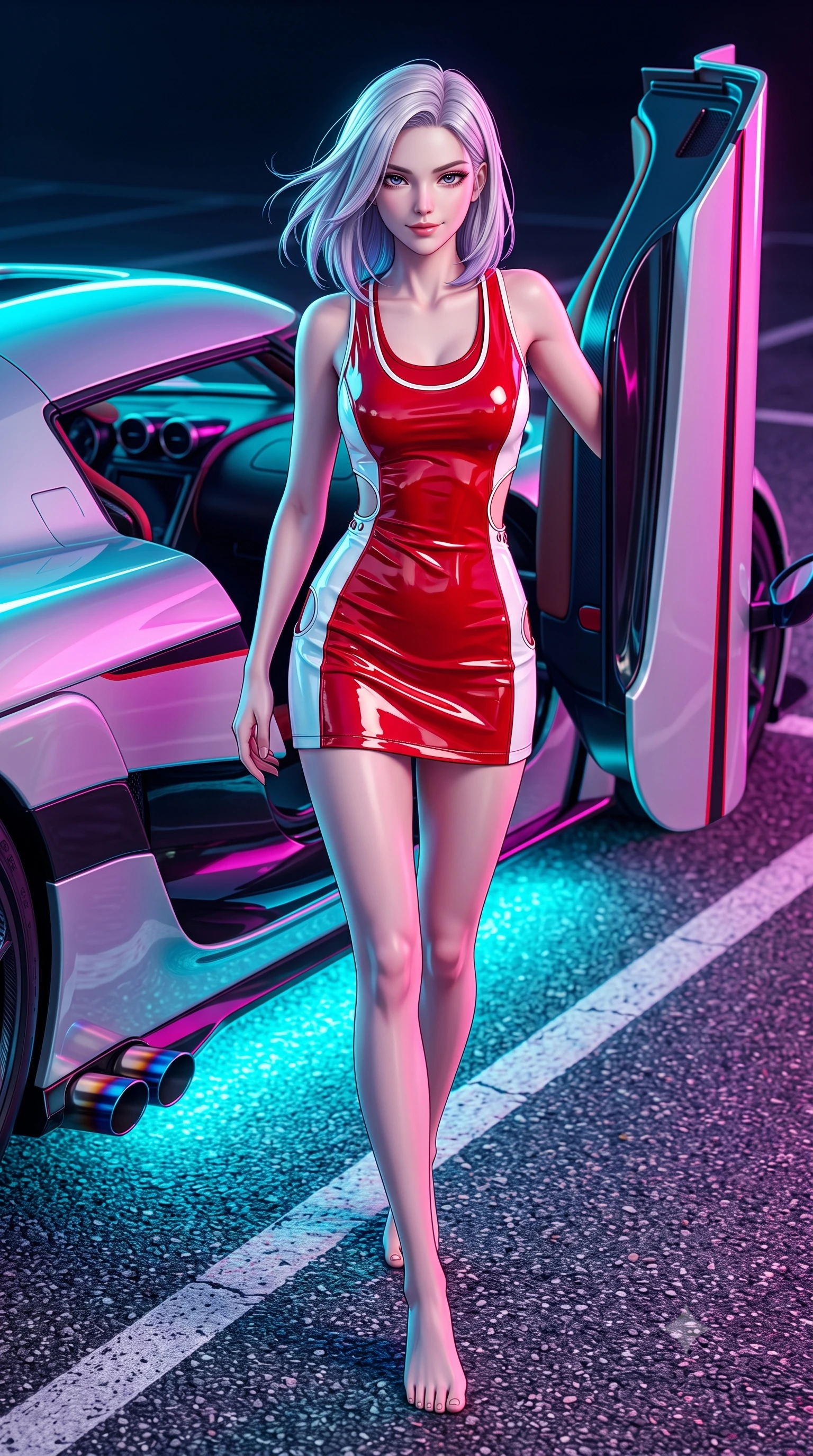 score_9, masterpiece, best quality, ultra-detailed, high-budget anime keyframe, semi-realistic 3D game render, editorial fashion photography, tasteful artistic composition, Caucasian woman. low angle full-body shot from head to toe showing her feet, filling the entire 9:16 vertical frame with her statuesque presence, stretching her vertical silhouette. stepping forward gracefully across the paddock tarmac in mid-motion with a radiant beaming smile, hips swaying in an alluring kinetic rhythm that accentuates her curvy hourglass silhouette and long slender legs while leaning against the scissor door of a customized supercar with hips cocked back, looking into the lens with an intoxicating, confident smirk. The surrounding environment is rendered in vivid detail and crisp panoramic clarity: sharp titanium exhaust tip heat-burn discoloration, glossy car paint reflections, and asphalt parking bay line clarity in deep focus. She has an absolutely perfect, statuesque 8.5-heads proportion, an exceptionally tall and slender model-like female figure with impossibly long slender legs, an ultra-slim waist, a flat toned midriff, narrow delicate ribcage, and beautifully sculpted feminine hips creating a graceful, slim hourglass silhouette without any bulky heaviness. sharp v-shaped jawline, high-bridge nose, sparkling eyes with athletic focus and depth, thick curled eyelashes, glossy parted lips with a natural coral-peach sheen, bright confident and coquettish smile with alluring bedroom-eyes, exuding both youthful sporty vigor and sovereign high-society glamour, flawlessly proportioned anatomical accuracy, strict slender model proportions, natural body alignment, perfectly sculpted long slender limbs, ultra-slim waistline, clean dynamic posture without body distortion. wearing a delicate semi-sheer white mesh tennis slip dress layered over a matching sports bra, hugging her slender waist and hips in Scuderia racing red and pure alabaster white, made of high-gloss reflective patent leather with mirror-like specular highlights, finished with sharp laser-cut side ventilation cutouts framed by chrome rings, the liquid-tight tailored fabric clinging flawlessly to her narrow waist and rounded feminine hips, emphasizing every millimeter of her sculpted slim hourglass curves without any bulky heaviness. bathed in intense saturated underglow neons in electric cyan and magenta contrasting with night shadows. highly saturated vibrant anime colors, detailed shading with soft gradients, rich glossy textures, high-contrast stereoscopic depth, volumetric dynamic lighting, master piece, 9:16 ratio