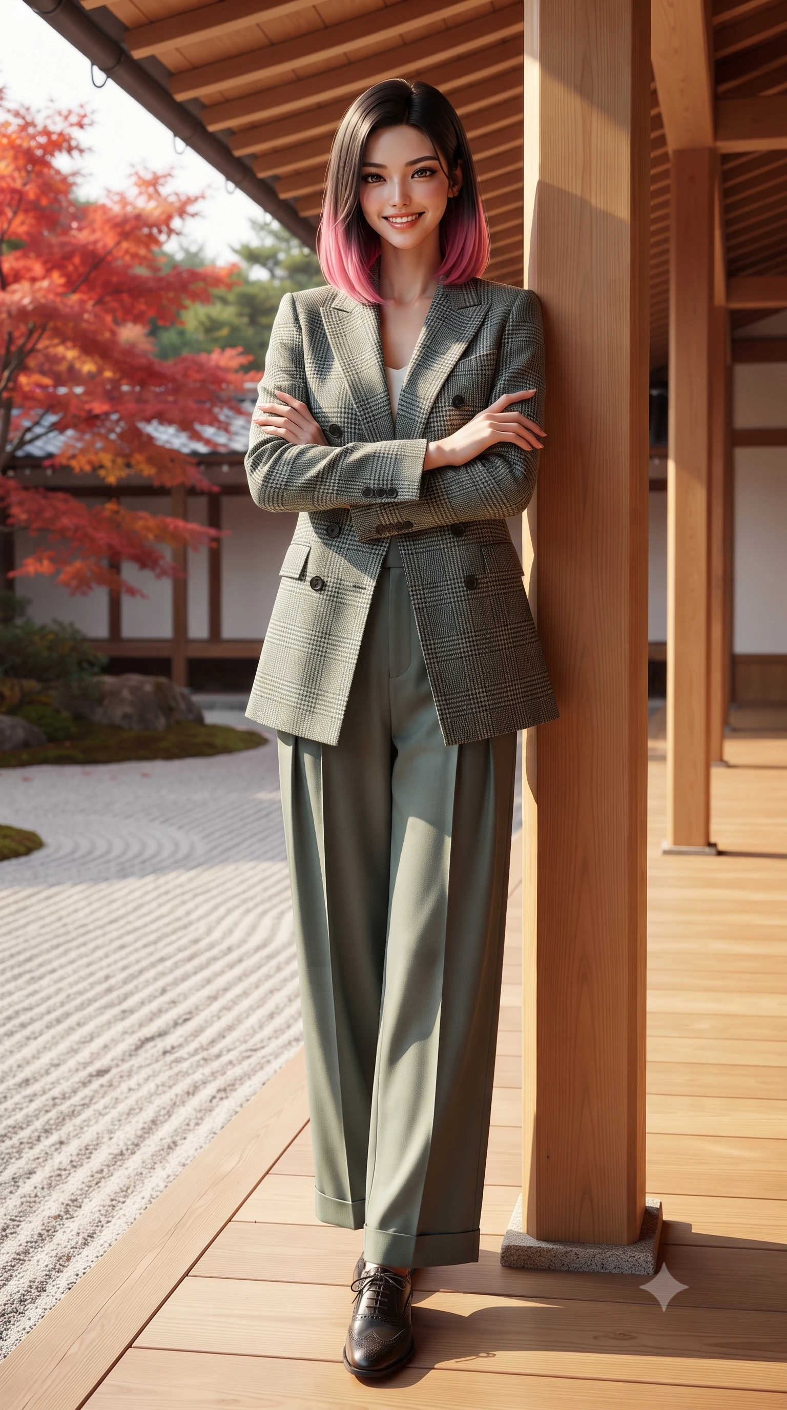 score_9, masterpiece, best quality, ultra-detailed, high-budget anime keyframe, editorial fashion photography, tasteful artistic composition, Korean woman. low angle full-body shot from head to toe showing her feet, filling the entire 9:16 vertical frame with her statuesque presence, stretching her vertical silhouette. leaning lightly against the sunlit architectural column with arms crossed loosely, flashing a warm, confident smile while walking along the exterior wooden gallery overlooking raked white gravel and flaming crimson maple leaves, her tailored coat flowing with poise. The surrounding environment is rendered in vivid detail and crisp panoramic clarity: sharp fine grain on polished hinoki cypress veranda planks, precise raked lines in granite sand, and maple leaf serrations in deep focus. She has an exceptionally tall and slender model-like 8.5-heads proportion, an ultra-slim waist, a flat toned midriff, narrow delicate ribcage, and beautifully sculpted feminine hips creating a graceful, slim hourglass silhouette without any bulky heaviness, with impossibly long slender legs. sharp v-shaped jawline, high-bridge nose, intricate jewel-like sparkling eyes with depth, thick eyelashes, glossy parted lips with a natural peach sheen, bright cheerful beaming smile with an enchanting and coquettish sensual glint, exuding both youthful cute charm and seductive allure, flawlessly proportioned anatomical accuracy, strict slender model proportions, natural body alignment, perfectly sculpted long slender limbs, ultra-slim waistline, clean dynamic posture without body distortion. wearing a double-breasted Prince of Wales check tailored wool blazer paired with high-waisted pleated wide-leg trousers in misty Arashiyama bamboo green and slate grey, tailored from fine wool gabardine with crisp permanent pleats and sharp drape, complemented by classic polished leather oxfords with brogue perforations, the expertly draped wool fabric falling in crisp fluid lines along her tall 8.5-heads silhouette, celebrating her slender frame without excess fabric bulk. illuminated by white gravel garden bounce and warm vermilion-gold rim lights defining her delicate features, jawline, and graceful silhouette. ultra-reflective glossy finish, specular highlights, rich textural contrasts, high-contrast stereoscopic depth, volumetric dynamic lighting, 2k, ultra detail, master piece, 9:16 ratio