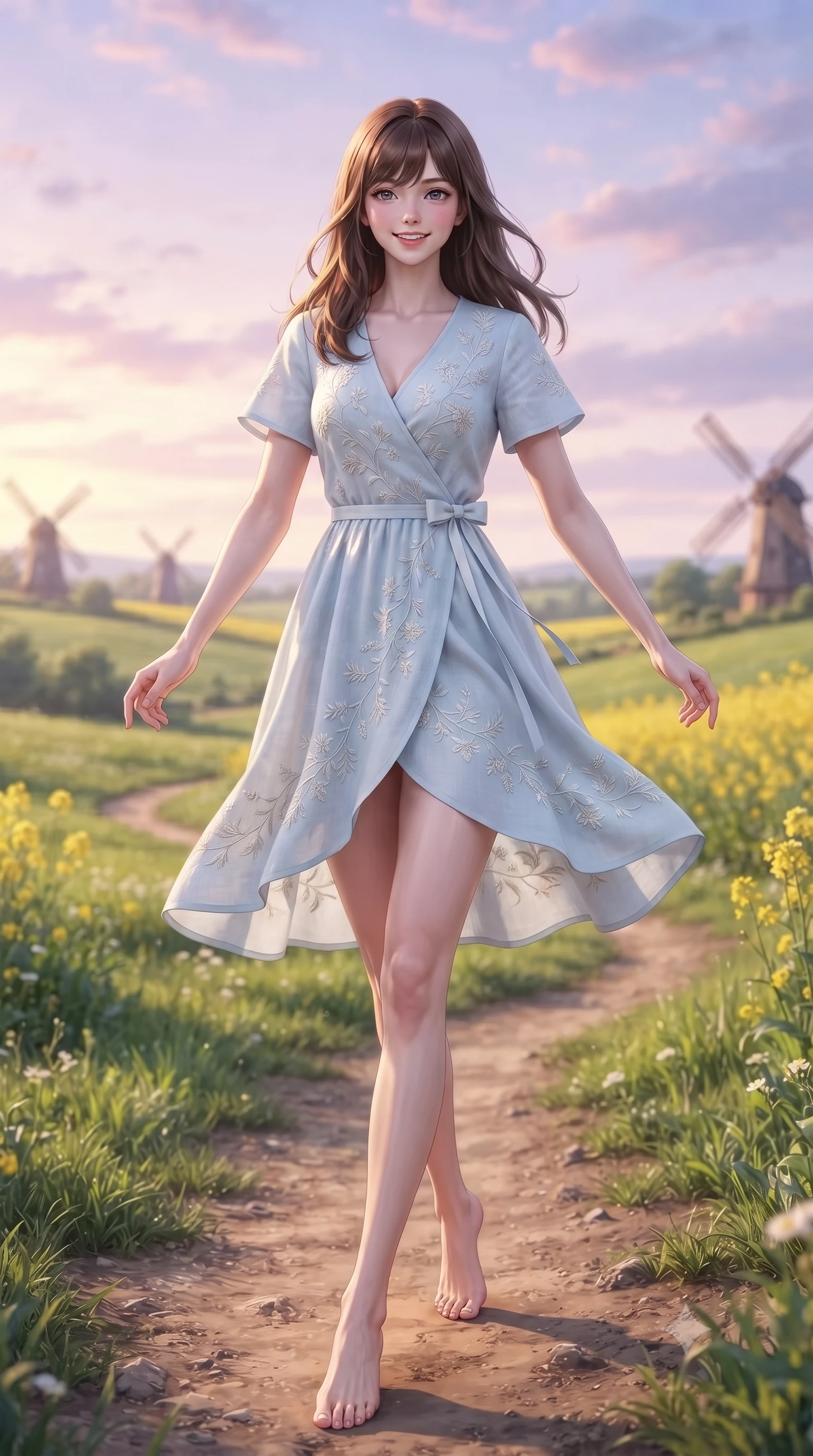 score_9, masterpiece, best quality, ultra-detailed, high-budget anime keyframe, editorial fashion photography, tasteful artistic composition, Korean woman. low angle full-body shot from head to toe showing her feet, filling the entire 9:16 vertical frame with her statuesque presence, stretching her vertical silhouette. pivoting dynamically with a fresh infectious smile, her ultra-slim waist and long slender legs creating a fluid graceful line while walking gracefully along a winding dirt path bordered by golden canola blooms as the sunset paints the sky in pastel hues. The composition keeps background elements in soft focus with creamy bokeh. rolling green meadows and distant rustic windmills softened in dreamy shallow focus. She has an absolutely perfect, statuesque 8.5-heads proportion, an exceptionally tall and slender model-like female figure with impossibly long slender legs, a toned flat midriff, and an ultra-slim waist. sharp v-shaped jawline, high-bridge nose, intricate jewel-like eyes with depth, thick eyelashes, glossy lips with a natural sheen, pure and lovely fresh girlhood expression, flawlessly proportioned anatomical accuracy, strict slender model proportions, natural body alignment, perfectly sculpted long slender limbs, ultra-slim waistline, clean dynamic posture without body distortion. wearing a romantic wrap-style linen sundress with subtle botanical embroidery and a dainty waist tie in gentle baby blue and cloud white, tailored from soft pastel lightweight wool blend with subtle texture, accented with a dainty ribbon bow at the waistline, the tailored casual silhouette highlighting her fresh and youthful presence and perfectly proportioned slender frame. surrounded by a heartwarming, radiant, and delightfully sunny countryside princess aura. ultra-reflective glossy finish, specular highlights, rich natural textures, high-contrast stereoscopic depth, volumetric dynamic lighting, 2k, ultra detail, master piece, 9:16 ratio