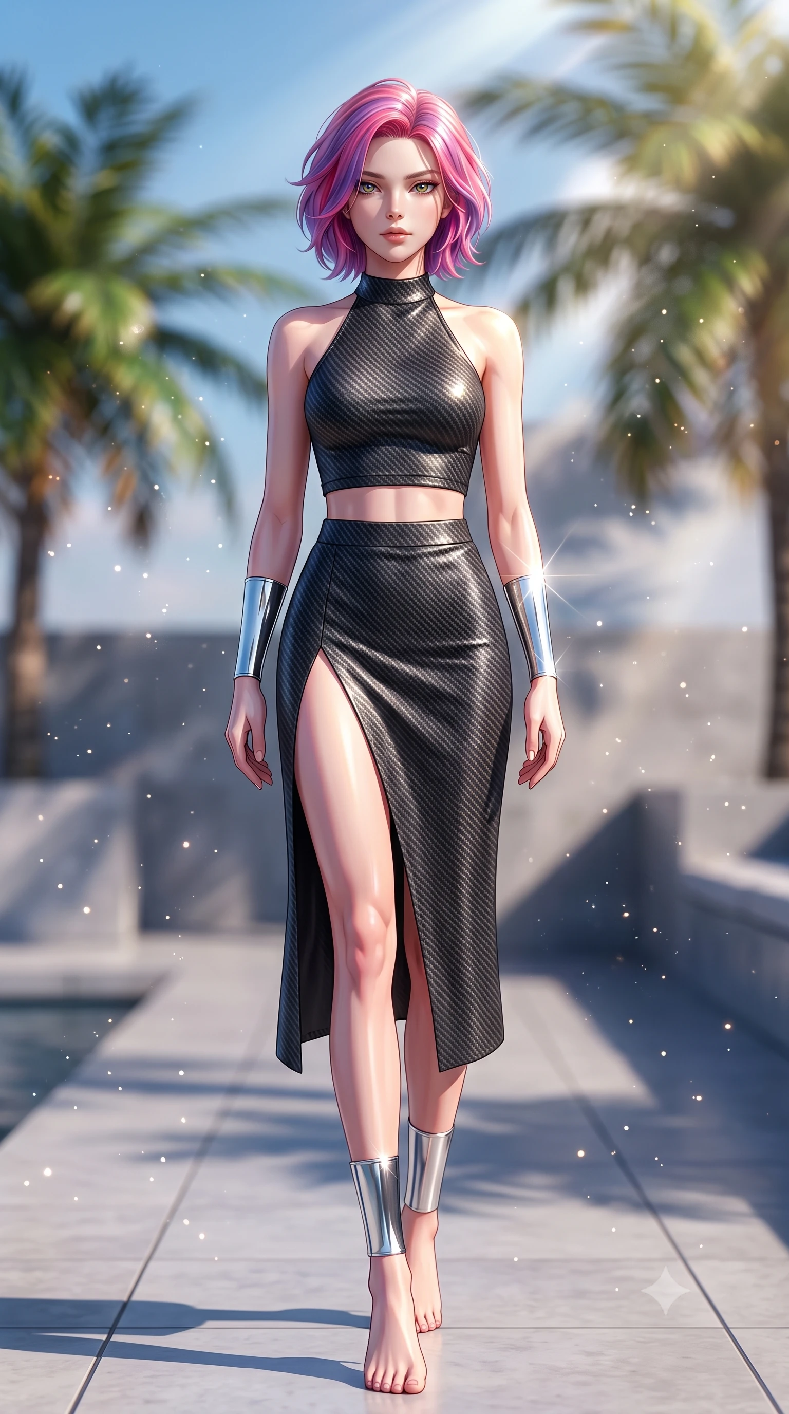 score_9, masterpiece, best quality, ultra-detailed, high-budget anime keyframe, editorial fashion photography, tasteful artistic composition, Caucasian woman. low angle full-body shot from head to toe showing her feet, filling the entire 9:16 vertical frame with her statuesque presence, stretching her vertical silhouette. stepping gracefully through floating stardust particles, her body-contouring suit showing her athletic, slender silhouette, the background shows a soft-focus a sculpture terrace rooftop lounge patio with minimalist tiles and palms. She has an absolutely perfect, statuesque 8.5-heads proportion, an exceptionally tall and slender model-like female figure with impossibly long slender legs and an ultra-slim waist. sharp v-shaped jawline, high-bridge nose, intricate jewel-like eyes with depth, thick eyelashes, glossy lips with a natural sheen. wearing a slim-fit carbon-fiber halter-neck crop top paired with a matching high-slit midi skirt, revealing her slim waist. bright afternoon sun rays creating sharp reflections on her metallic cuffs. highly saturated vibrant anime colors, detailed shading with soft gradients, rich glossy textures, high-contrast stereoscopic depth, volumetric dynamic lighting, master piece, 9:16 ratio