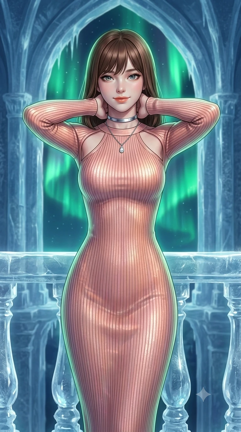 score_9, masterpiece, best quality, ultra-detailed, high-budget anime keyframe, semi-realistic 3D game render, editorial fashion photography, tasteful artistic composition, Korean woman. close-up cowboy shot from the waist and thighs up, the character dominates the composition, filling the frame with her large presence. resting both hands lightly behind her neck with elbows raised, arching her spine to highlight her narrow waist, flat midriff, and breathtaking collarbones while leaning against the translucent ice balustrade with hips cocked back, looking through shimmering emerald aurora curtains with intoxicating smoldering bedroom-eyes. The surrounding environment is rendered in vivid detail and crisp panoramic clarity: detailed anime styling, glossy highlights, and royal glacial palace architecture in high resolution. She has an exceptionally elegant, slender, and willowy female figure with an ultra-slim waist, flat toned midriff, narrow ribcage, and sculpted feminine hips creating an alluring, slim hourglass silhouette without bulk. sharp v-shaped jawline, high-bridge nose, intricate jewel-like sparkling eyes with depth, thick eyelashes, glossy parted lips with a natural peach sheen, bright cheerful beaming smile with an enchanting and coquettish sensual glint, exuding both youthful cute charm and seductive allure, flawlessly proportioned anatomical accuracy, strict slender model proportions, natural body alignment, perfectly sculpted long slender limbs, ultra-slim waistline, clean dynamic posture without body distortion. wearing an ultra-sleek form-fitting ribbed knit midi dress with elegant collar cutouts contouring her feminine hourglass silhouette in Solaris liquid rose-quartz and alien peach, crafted from bespoke double-faced cashmere with an exceptionally soft tactile finish, finished with a minimalist chrome choker and a single teardrop diamond pendant, the glove-like clinging cut tightly following the natural contour of her hips and long slender legs with youthful 8.5-heads elegance. illuminated by ice reflection bounce and sharp aurora-green rim lights defining her jawline, narrow waist, and curvy hips. highly saturated vibrant anime colors, detailed shading with soft gradients, rich glossy textures, high-contrast stereoscopic depth, volumetric dynamic lighting, master piece, 9:16 ratio