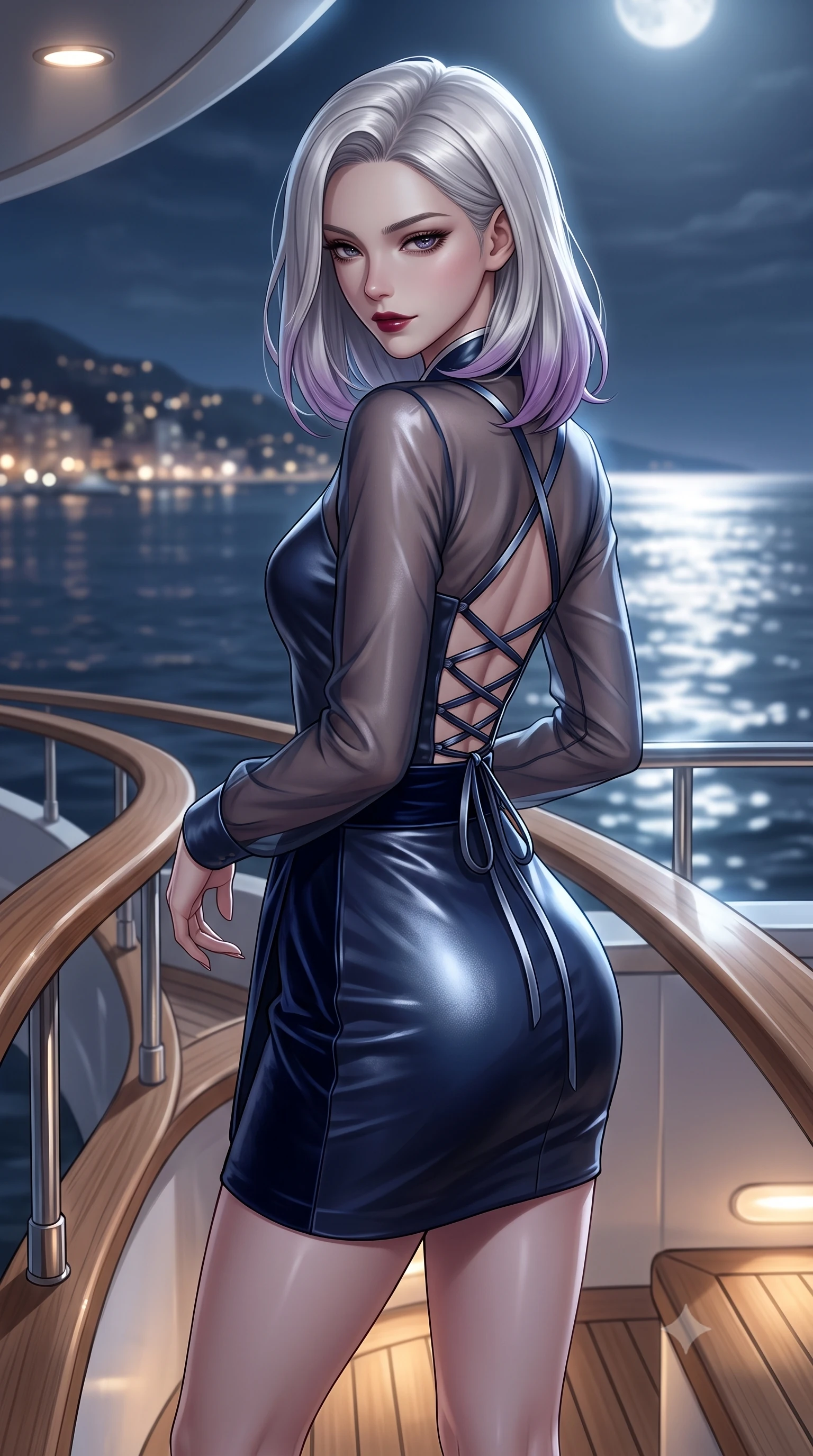 score_9, masterpiece, best quality, ultra-detailed, high-budget anime keyframe, editorial fashion photography, tasteful artistic composition, Caucasian woman. close-up cowboy shot from the waist and thighs up, the character dominates the composition, filling the frame with her large presence. glancing down over lowered lashes before meeting the camera with quiet, devastating intensity, her tailored outfit tracing her ultra-slim waist and hips while standing at the curved teak stern railing with hips cocked back, looking back over a bare shoulder as silver moonlight shimmers on the open sea. The composition keeps background elements in soft focus with dreamy creamy bokeh. glittering distant lights of the Monaco harbor coastline and silver moonlight rippling across the dark sea blurred into diamond, sapphire, and champagne bokeh. She has an exceptionally elegant, slender, and willowy female figure with an ultra-slim waist, flat toned midriff, narrow ribcage, and sculpted feminine hips creating an alluring, slim hourglass silhouette without bulk. sharp v-shaped jawline, high-bridge nose, intricate jewel-like dark sparkling eyes with dangerous depth, thick curled eyelashes, glossy parted lips with a rich wine sheen, smoldering seductive half-smile with bedroom-eyes, exuding effortless superiority and intoxicating dark allure, flawlessly proportioned anatomical accuracy, strict slender model proportions, natural body alignment, perfectly sculpted long slender limbs, ultra-slim waistline, clean dynamic posture without body distortion. wearing a modern fusion dark hanbok mini dress with a sheer silk organza jeogori and high-waisted velvet wrap skirt in midnight sapphire navy and chrome silver, made of supple butter-soft lambskin leather with a subtle satin sheen, featuring a dramatic criss-cross satin back lacing tracing her slender spine, the liquid-tight tailored fabric clinging flawlessly to her narrow waist and rounded feminine hips, emphasizing every millimeter of her sculpted slim hourglass curves without any bulky heaviness. bathed in cold silver moonlight from above and warm low-level teak deck LED wash. ultra-reflective glossy finish, specular highlights, rich textural contrasts, high-contrast stereoscopic depth, volumetric dynamic lighting, 2k, ultra detail, master piece, 9:16 ratio