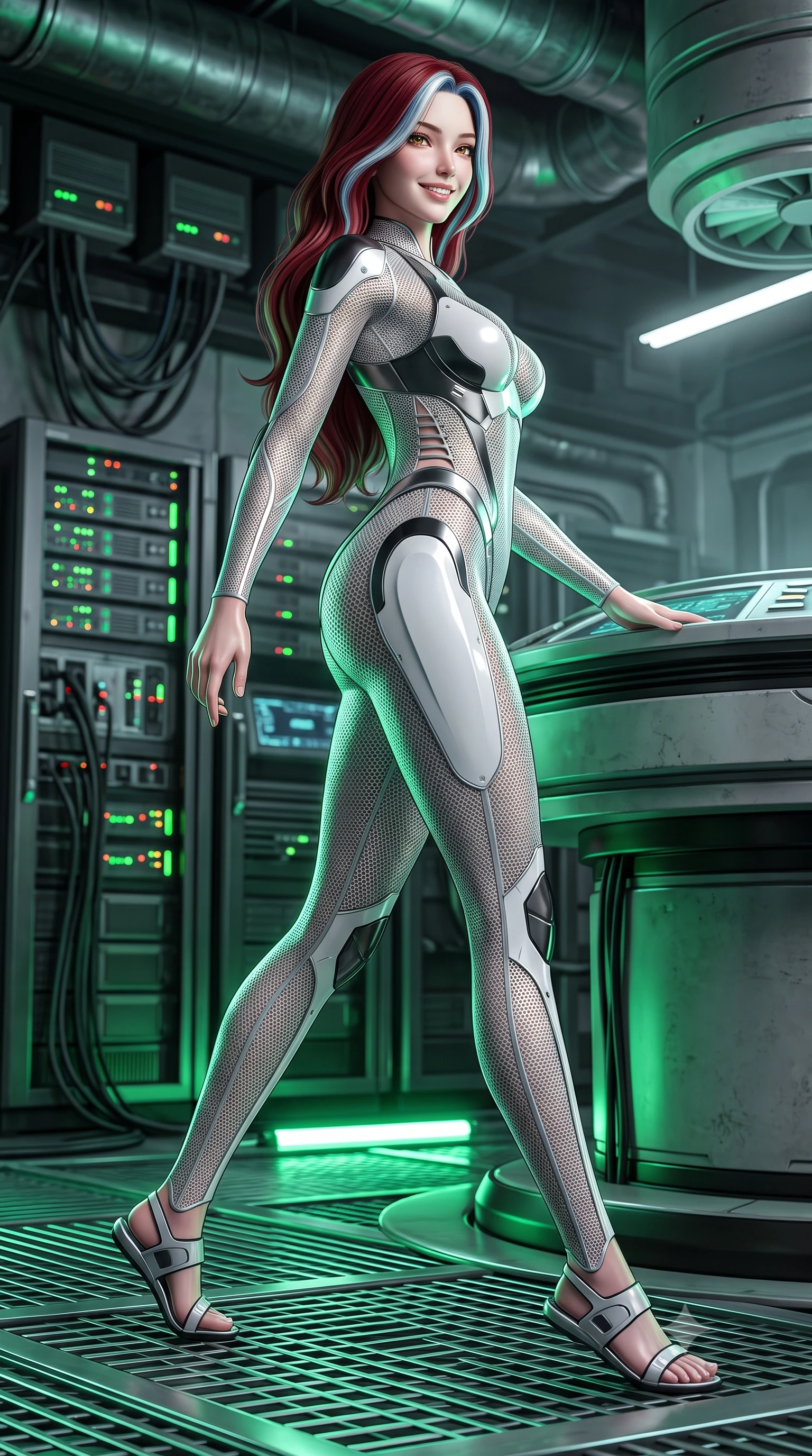 score_9, masterpiece, best quality, ultra-detailed, high-budget anime keyframe, semi-realistic 3D game render, editorial fashion photography, tasteful artistic composition, Caucasian woman. low angle full-body shot from head to toe showing her feet, filling the entire 9:16 vertical frame with her statuesque presence, stretching her vertical silhouette. striding forward gracefully across the reflective metal deck in mid-motion with a radiant beaming smile, hips swaying in an alluring kinetic rhythm that accentuates her curvy hourglass silhouette and long slender legs while leaning against the circular tactical holotank console with hips cocked back, looking over her shoulder with a sharp, devastating bedroom-gaze. The background shows a soft-focus flickering server rack LED indicators and industrial ventilation ducts softened in tactical cyberpunk shallow focus. She has an absolutely perfect, statuesque 8.5-heads proportion, an exceptionally tall and slender model-like female figure with impossibly long slender legs, an ultra-slim waist, a flat toned midriff, narrow delicate ribcage, and beautifully sculpted feminine hips creating a graceful, slim hourglass silhouette without any bulky heaviness. sharp v-shaped jawline, high-bridge nose, intricate jewel-like sparkling eyes with depth, thick eyelashes, glossy parted lips with a natural sheen, bright confident smile with an enchanting and coquettish sensual glint, exuding both youthful magnetic charm and sovereign high-tech allure, flawlessly proportioned anatomical accuracy, strict slender model proportions, natural body alignment, perfectly sculpted long slender limbs, ultra-slim waistline, clean dynamic posture without body distortion. wearing a form-contouring delicate silver nano-mesh bodysuit with strategically placed chrome armor plate guards covering key curves in dual-tone high-contrast monochrome black and stark white, woven from delicate semi-opaque high-tensile nano-mesh with intricate hexagonal micro-patterns, finished with sharp laser-cut side ventilation slits framed by silver hardware rings, the aerodynamic second-skin silhouette tightly following the natural contour of her hips and long slender legs with youthful 8.5-heads elegance. illuminated by glowing console underlights and crisp emerald rim lighting sharply carving her razor-sharp jawline, narrow waist, and curvy hips. highly saturated vibrant anime colors, detailed shading with soft gradients, rich glossy textures, high-contrast stereoscopic depth, volumetric dynamic lighting, master piece, 9:16 ratio