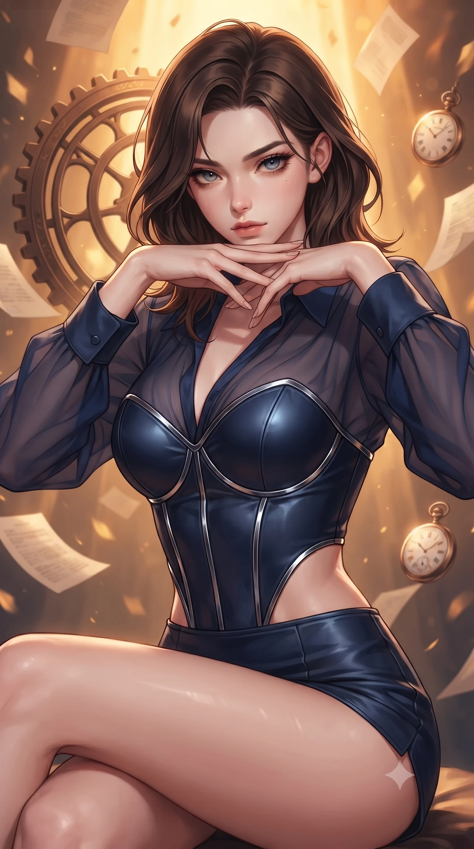 score_9, masterpiece, best quality, ultra-detailed, high-budget anime keyframe, editorial fashion photography, tasteful artistic composition, Korean woman. close-up cowboy shot from the waist and thighs up, the character dominates the composition, filling the frame with her large presence, background elements kept in soft focus. Resting her chin on the backs of her fingers, casting a sharp, mysterious gaze resting against a floating bronze time gear in a warm golden dimension, suspended paper documents and pocket watches frozen mid-air in amber resin light. She has an exceptionally elegant, slender, and willowy female figure with an ultra-slim waist, a gracefully sculpted slender torso, and a refined silhouette. sharp v-shaped jawline, high-bridge nose, intricate jewel-like eyes with depth, thick eyelashes, glossy lips with a natural sheen. wearing a tailored leather bustier over a sheer silk chiffon blouse in midnight navy blue and chrome trim, formed from sleek second-skin neoprene, featuring subtle geometric cutouts that highlight her ultra-slim midriff, the elegant draped fit framing her graceful clavicle and slender torso. surrounded by a mysterious, timeless atmosphere with deep warm gradients. highly saturated vibrant anime colors, detailed shading with soft gradients, rich glossy textures, high-contrast stereoscopic depth, volumetric dynamic lighting, master piece, 9:16 ratio