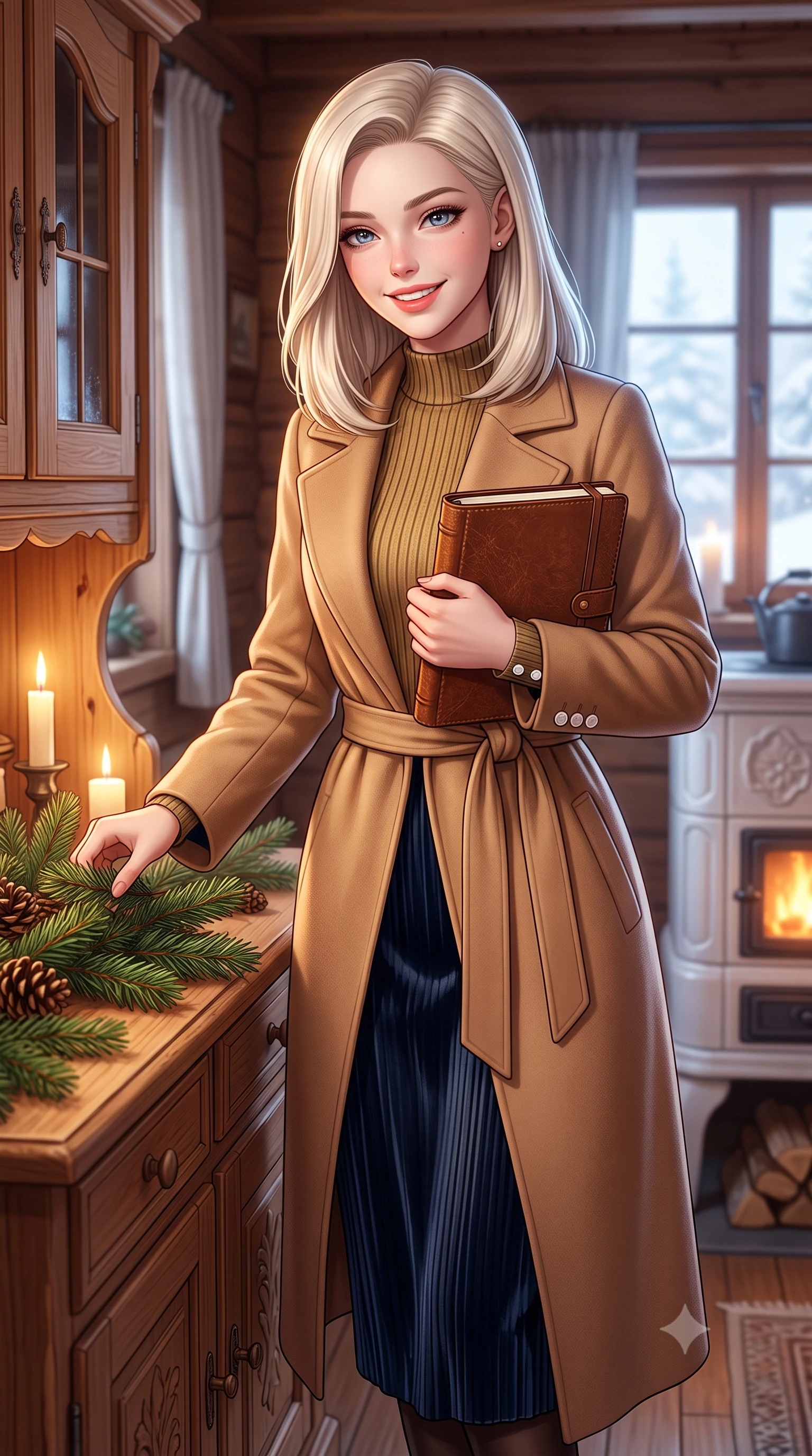 score_9, masterpiece, best quality, ultra-detailed, high-budget anime keyframe, semi-realistic 3D game render, editorial fashion photography, tasteful artistic composition, Caucasian woman. close-up cowboy shot from the waist and thighs up, the character dominates the composition, filling the frame with her large presence. holding a leather notebook close to her chest with both arms, smiling delightfully with youthful scholarly grace while standing poised at the hand-carved Arvenholz pine dining credenza, arranging fragrant winter pine branches with graceful domestic poise. The surrounding environment is rendered in vivid detail and crisp panoramic clarity: detailed roll-neck cashmere sweater weave, tailored corduroy trouser ribs, and master alpine joinery in high resolution. She has an exceptionally elegant, slender, and willowy female figure with an ultra-slim waist, flat toned midriff, narrow ribcage, and sculpted feminine hips creating an alluring, slim hourglass silhouette without bulk. sharp v-shaped jawline, high-bridge nose, intricate jewel-like sparkling eyes with depth, thick eyelashes, glossy parted lips with a natural peach sheen, bright cheerful beaming smile with an enchanting and coquettish sensual glint, exuding both youthful cute charm and seductive allure, flawlessly proportioned anatomical accuracy, strict slender model proportions, natural body alignment, perfectly sculpted long slender limbs, ultra-slim waistline, clean dynamic posture without body distortion. wearing a tailored belted cashmere wrap coat in warm camel layered over a fine ribbed knit midi dress in Ginza vintage brass gold and midnight navy, crafted from rich cotton velvet with deep light-absorbing pile and soft gradients, finished with fine mother-of-pearl cuff buttons catching the soft ambient light, the streamlined silhouette following her natural slender proportions with sophisticated poise, enhancing her tall willowy presence. bathed in cozy 2700K warm ambient candlelight and soft porcelain stove radiance combined with cool winter window light. highly saturated vibrant anime colors, detailed shading with soft gradients, rich glossy textures, high-contrast stereoscopic depth, volumetric dynamic lighting, master piece, 9:16 ratio