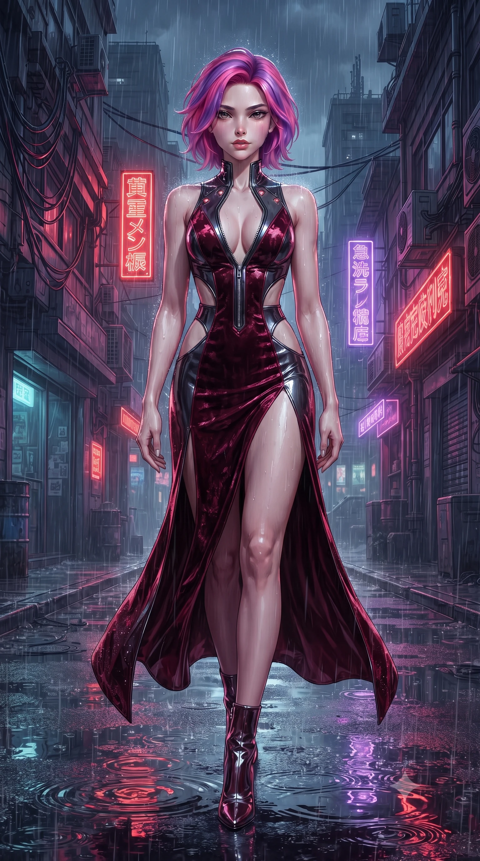 score_9, masterpiece, best quality, ultra-detailed, high-budget anime keyframe, editorial fashion photography, tasteful artistic composition, Caucasian woman. low angle full-body shot from head to toe showing her feet, filling the entire 9:16 vertical frame with her statuesque presence, stretching her vertical silhouette. striding forward in a proud, statuesque motion with a dangerous smolder, hips swaying with fierce allure, dominating the frame from head to toe while striding commanding through heavy midnight rain as puddle reflections of red and violet neon ripple beneath her heels. The surrounding environment is rendered in vivid detail and crisp panoramic clarity. intricate cybernetic conduit wires, neon sign filament lines, and puddle ripples in high resolution. She has an absolutely perfect, statuesque 8.5-heads proportion, an exceptionally tall and slender model-like female figure with impossibly long slender legs, a toned flat midriff, and an ultra-slim waist. sharp v-shaped jawline, high-bridge nose, intricate jewel-like eyes with depth, thick eyelashes, glossy lips with a natural sheen, flawlessly proportioned anatomical accuracy, strict slender model proportions, natural body alignment, perfectly sculpted long slender limbs, ultra-slim waistline, clean dynamic posture without body distortion. wearing a backless deep blood-crimson crushed velvet gown with a deep plunging V-neckline, strategic hip cutouts, and an ultra-high thigh slit in deep burgundy wine and specular dark chrome, formed from high-gloss patent material with specular chiaroscuro reflections, featuring a dangerously unzipped neckline framed by subtle glowing cybernetic accents, the precision-cut daring openings accentuating her delicate midriff, graceful bare collarbones, and ultra-slim feminine waistline. surrounded by a dangerous, gritty, and intensely provocative femme-fatale noir aura. ultra-reflective glossy finish, specular highlights, dark metallic sheen, deep chiaroscuro contrast, volumetric dynamic shadow lighting, 2k, ultra detail, master piece, 9:16 ratio