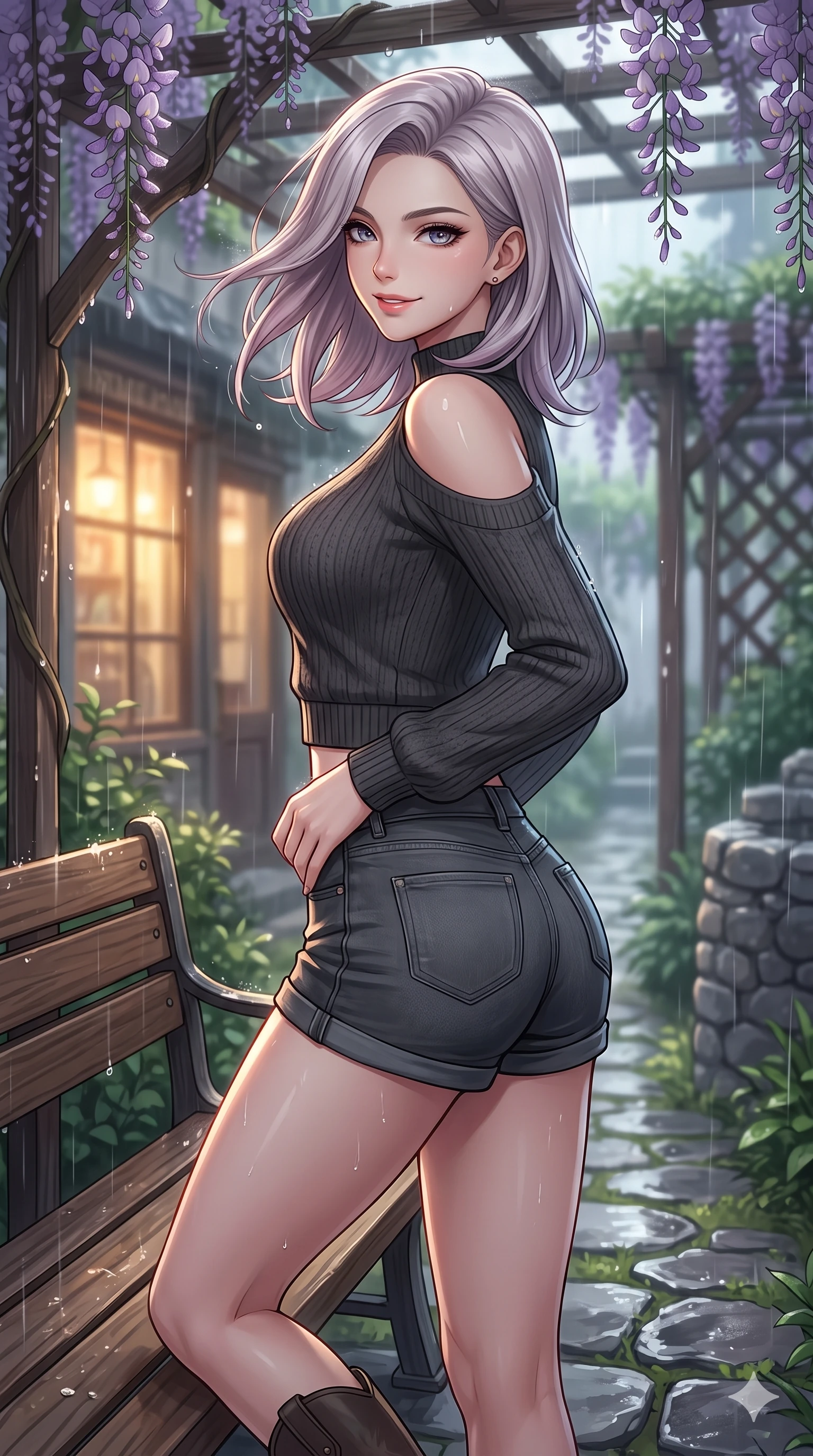 score_9, masterpiece, best quality, ultra-detailed, high-budget anime keyframe, vibrant anime aesthetic, Caucasian woman, strictly human ears. close-up cowboy shot from the waist and thighs up, the character dominates the composition, filling the frame with her large presence, background elements kept in soft focus. She is posing with a confident, magnetic smile, one hand on her waist, looking over her shoulder at the camera with a soft breath of wind in her hair. on a wooden bench under a wisteria trellis in a quiet courtyard garden during a gentle afternoon rain (Code-P22-065). She has an absolutely perfect proportion, an exceptionally elegant and slender female figure with an ultra-slim waist. V-shaped jawline, high-bridge nose, intricate jewel-like eyes with depth, thick eyelashes, glossy lips with a natural sheen. wearing a cold-shoulder knit top with a cropped waistline and denim shorts in classic charcoal. She is illuminated by dramatic rim lights from a vintage shop window, adding depth to her jewel-like eyes along the cobblestone alley. 2k, ultra detail, master piece, 9:16 ratio