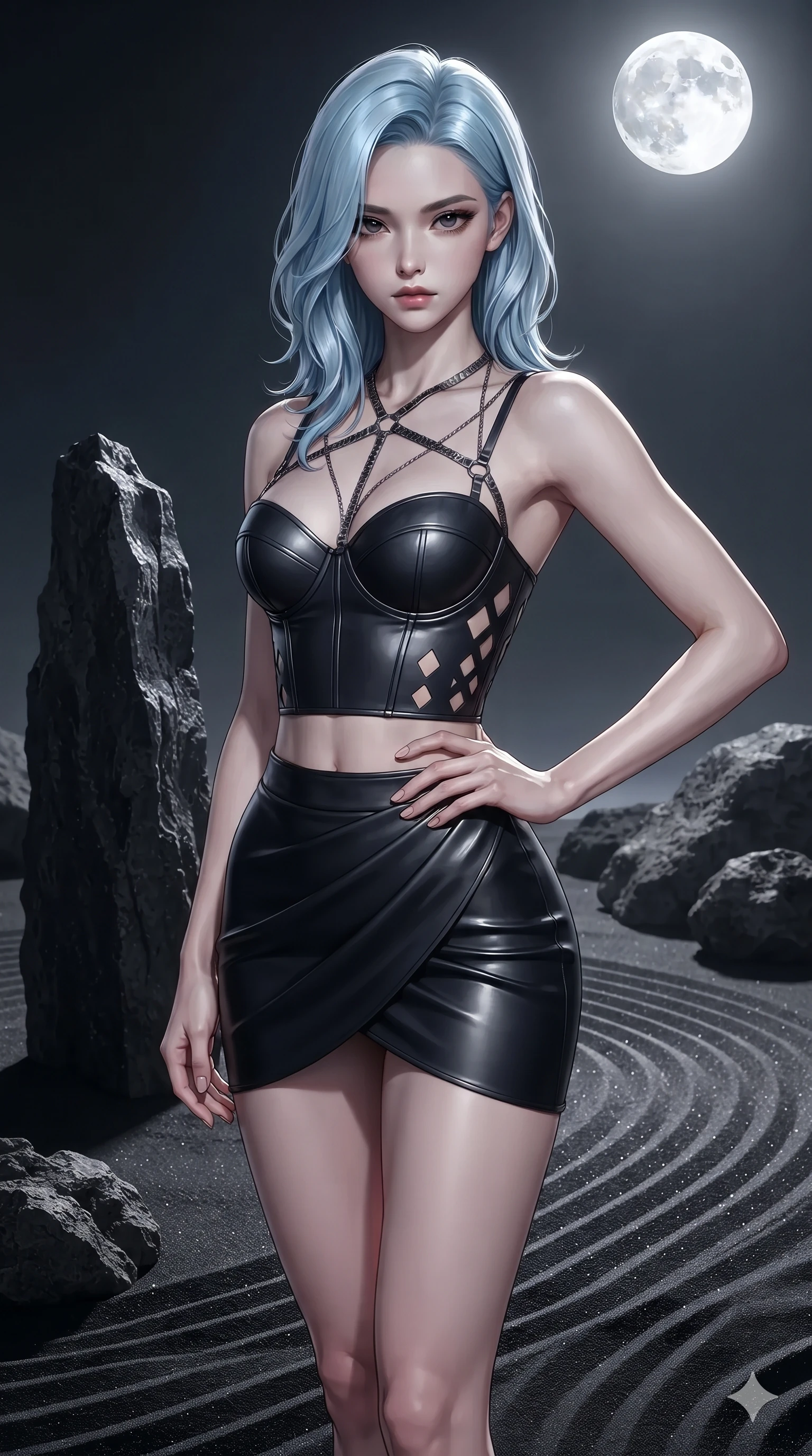 score_9, masterpiece, best quality, ultra-detailed, high-budget anime keyframe, editorial fashion photography, tasteful artistic composition, Korean woman. close-up cowboy shot from the waist and thighs up, the character dominates the composition, filling the frame with her large presence. holding a confident power pose with one hand on her hip, looking into the lens with smoldering intensity while standing tall beside a solitary jagged basalt monolith in the raked black sand garden, arching her spine with sovereign supermodel grace. The surrounding environment is rendered in vivid detail and crisp panoramic clarity: sharp raked sand ridge crests, rough volcanic boulder surfaces, and polished cypress wood grain in deep focus. She has an exceptionally elegant, slender, and willowy female figure with an ultra-slim waist, flat toned midriff, narrow ribcage, and sculpted feminine hips creating an alluring, slim hourglass silhouette without bulk. sharp v-shaped jawline, high-bridge nose, intricate jewel-like dark sparkling eyes with hypnotic seductive depth, thick curled eyelashes, glossy parted lips with a natural wine sheen, alluring bedroom-eyes with an enigmatic smoldering smile, exuding magnetic sovereign charisma and dark avant-garde glamour, flawlessly proportioned anatomical accuracy, strict slender model proportions, natural body alignment, perfectly sculpted long slender limbs, ultra-slim waistline, clean dynamic posture without body distortion. wearing a structured underwire leather bustier top paired with an ultra-short draped wrap mini skirt in pure obsidian monochrome with subtle metallic sheen, adorned with laser-cut diamond side panels revealing teasing glimpses of bare skin, accented with a dark metallic body chain harness subtly framing her dewy collarbones and spine, the liquid-tight tailored fabric clinging flawlessly to her narrow waist and rounded feminine hips, emphasizing every millimeter of her sculpted slim hourglass curves without any bulky heaviness. bathed in the blinding, crisp 5500K silver light of the full moon casting razor-sharp shadows across the black sand. ultra-reflective glossy finish, specular highlights, metallic sheen, high-contrast stereoscopic depth, volumetric dynamic lighting, 2k, ultra detail, master piece, 9:16 ratio