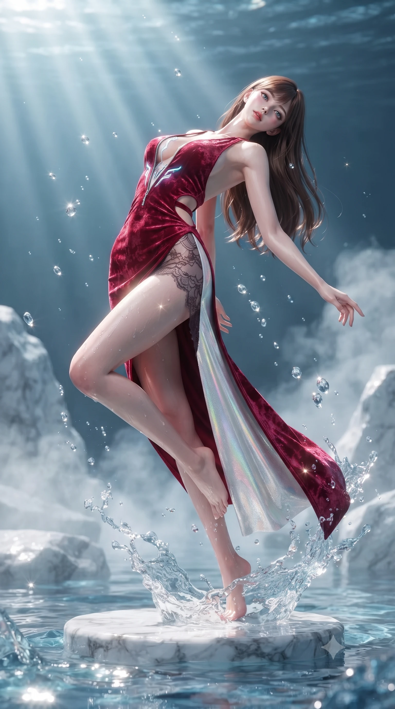 score_9, masterpiece, best quality, ultra-detailed, high-budget anime keyframe, editorial fashion photography, tasteful artistic composition, Korean woman. low angle full-body shot from head to toe showing her feet, filling the entire 9:16 vertical frame with her statuesque presence, stretching her vertical silhouette. arching her back in a fluid zero-gravity turn with sovereign grace, her long slender legs and sculpted torso creating a sweeping line while pivoting dynamically on a submerged marble stepping stone as sunbeams penetrate the crystal pool. The composition keeps background elements in soft focus with creamy bokeh. rising water mist and marble rock formations softened by luminous shallow depth of field. She has an absolutely perfect, statuesque 8.5-heads proportion, an exceptionally tall and slender model-like female figure with impossibly long slender legs, a toned flat midriff, and an ultra-slim waist. sharp v-shaped jawline, high-bridge nose, intricate jewel-like eyes with depth, thick eyelashes, glossy lips with a natural sheen, flawlessly proportioned anatomical accuracy, strict slender model proportions, natural body alignment, perfectly sculpted long slender limbs, ultra-slim waistline, clean dynamic posture without body distortion. wearing a backless crimson crushed velvet gown with a deep plunging V-neckline, strategic hip cutouts, and an ultra-high thigh slit in glistening liquid pearl white with rainbow opalescence, crafted from delicate dark lace interwoven with luminescent micro-fibers, featuring a dangerously unzipped neckline framed by glowing cybernetic accents, the form-contouring material adhering flawlessly to her sculpted flat midriff and slender torso, emphasizing her long leg lines and perfectly proportioned willowy build. illuminated by sparkling water droplet refractions and crisp white key lighting. ultra-reflective glossy finish, specular highlights, metallic sheen, high-contrast stereoscopic depth, volumetric dynamic lighting, 2k, ultra detail, master piece, 9:16 ratio