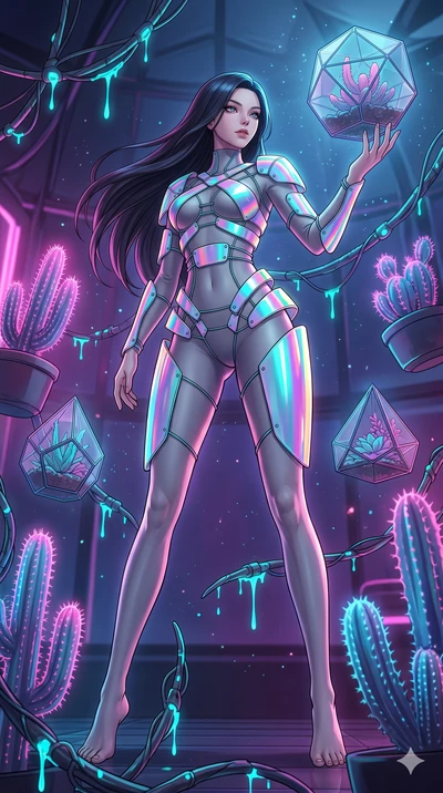 score_9, masterpiece, best quality, ultra-detailed, high-budget anime keyframe, Korean woman. low angle full-body shot filling the entire 9:16 frame with her statuesque presence, stretching the vertical silhouette. standing in a retro-futuristic synt