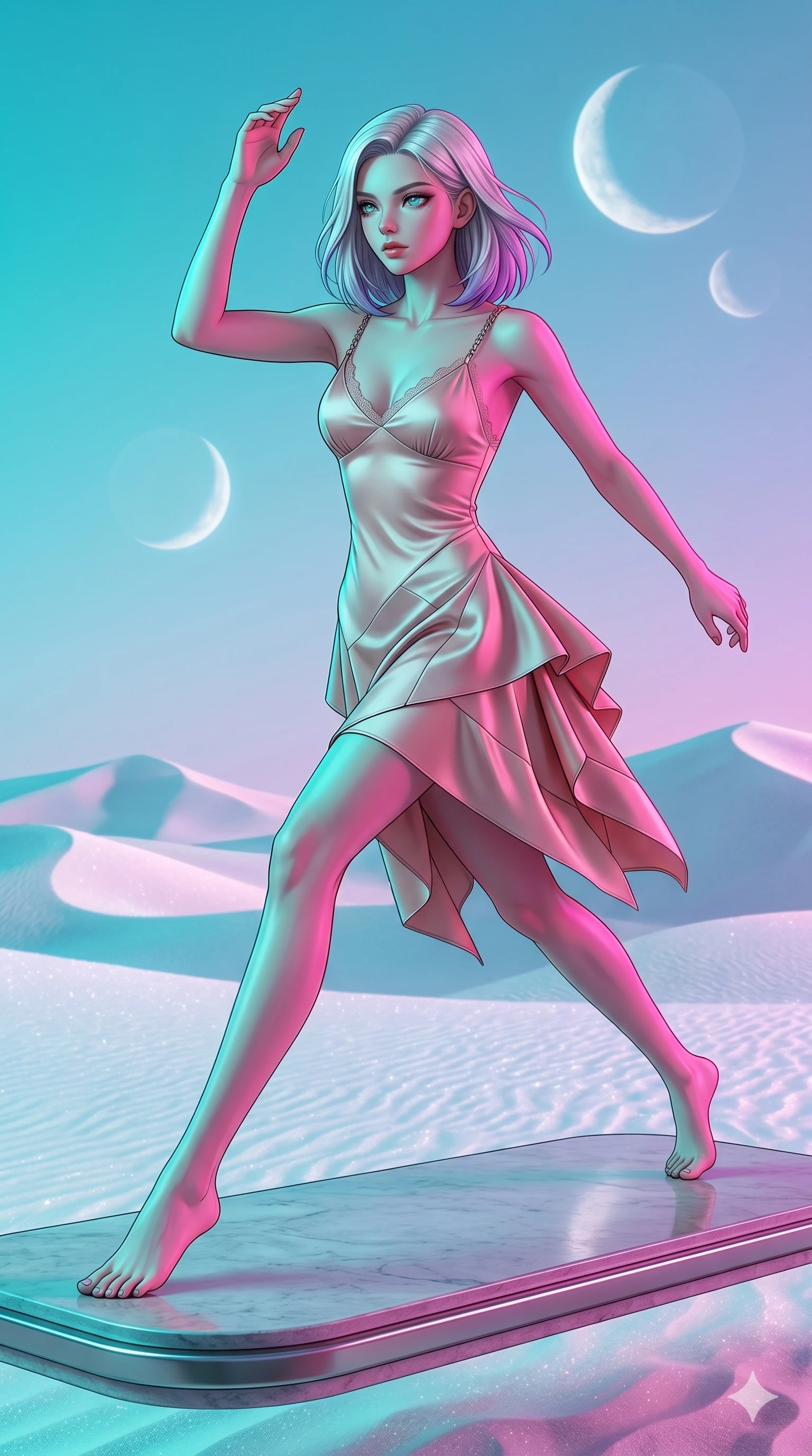 score_9, masterpiece, best quality, ultra-detailed, high-budget anime keyframe, editorial fashion photography, tasteful artistic composition, Caucasian woman, strictly human ears. low angle full-body shot from head to toe showing her feet, filling the entire 9:16 vertical frame with her statuesque presence, stretching her vertical silhouette. Lunging dynamically forward with one arm raised on a levitating platform above shimmering white sand dunes under twin crescent moons. She has an absolutely perfect 8-heads proportion, an exceptionally tall and slender female figure with impossibly long slender legs and an ultra-slim waist. V-shaped jawline, high-bridge nose, intricate jewel-like eyes with depth, thick eyelashes, glossy lips with a natural sheen. wearing a blush silk-charmeuse architectural slip dress with delicate chain straps, a gentle V-neckline with lace trim, and a bias-cut body that drapes elegantly over her form and falls to mid-thigh. under intense neon teal and magenta split-lighting creating vivid chromatic contrast on her figure. 2k, ultra detail, master piece, 9:16 ratio