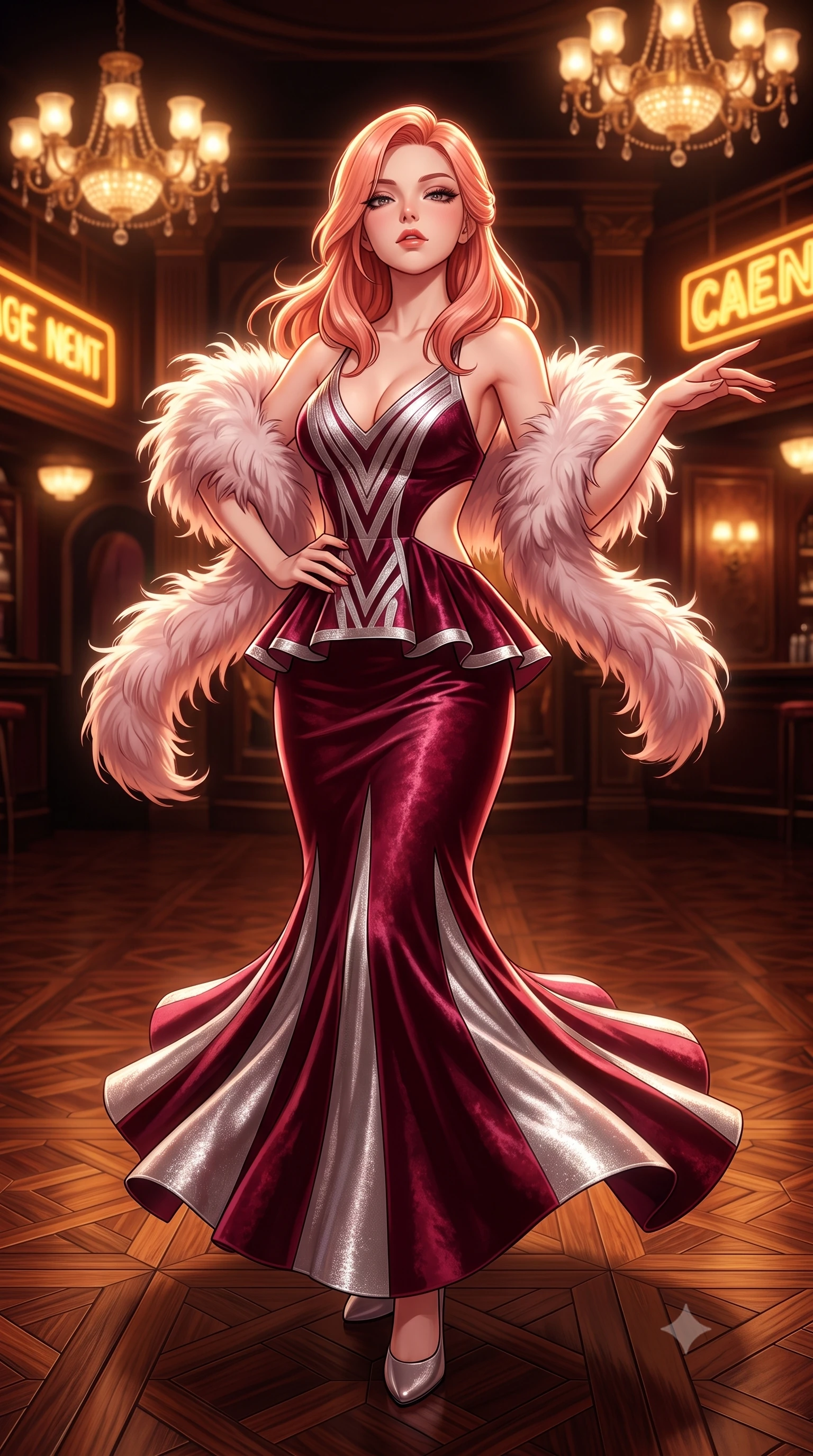 score_9, masterpiece, best quality, ultra-detailed, high-budget anime keyframe, semi-realistic 3D game render, editorial fashion photography, tasteful artistic composition, Japanese woman. close-up cowboy shot from the waist and thighs up, the character dominates the composition, filling the frame with her large presence. tilting her chin up with proud, sovereign allure while gazing through thick eyelashes, one hand resting on her waist in pure supermodel charisma while twirling dynamically on the polished parquet dance floor, fringes of her dress fluttering around her curvy hips. The surrounding environment is rendered in vivid detail and crisp panoramic clarity. luxurious vintage chiaroscuro and glamorous Great Gatsby nightlife aesthetics rendered with precision. She has an exceptionally elegant, slender, and willowy female figure with an ultra-slim waist, a gracefully sculpted slender torso, toned flat midriff, and rounded feminine hips creating an alluring hourglass silhouette. sharp v-shaped jawline, high-bridge nose, intricate jewel-like eyes with depth, thick eyelashes, glossy parted lips with a natural sheen, intensely captivating and seductive bedroom-eyes expression, flawlessly proportioned anatomical accuracy, strict slender model proportions, natural body alignment, perfectly sculpted long slender limbs, ultra-slim waistline, clean dynamic posture without body distortion. wearing a form-contouring Art Deco geometric peplum gown with side-waist diamond cutouts in wine burgundy and shimmering silver, crafted from heavyweight crushed silk velvet with liquid vintage luster, complemented by a plush ostrich feather boa draped playfully across her bare shoulders, the form-contouring material adhering flawlessly to her sculpted flat midriff and slender torso, emphasizing her long leg lines and perfectly proportioned willowy build. bathed in warm incandescent chandelier warmth and vintage amber neon glow. highly saturated vibrant anime colors, detailed shading with soft gradients, rich glossy textures, high-contrast stereoscopic depth, volumetric dynamic lighting, master piece, 9:16 ratio