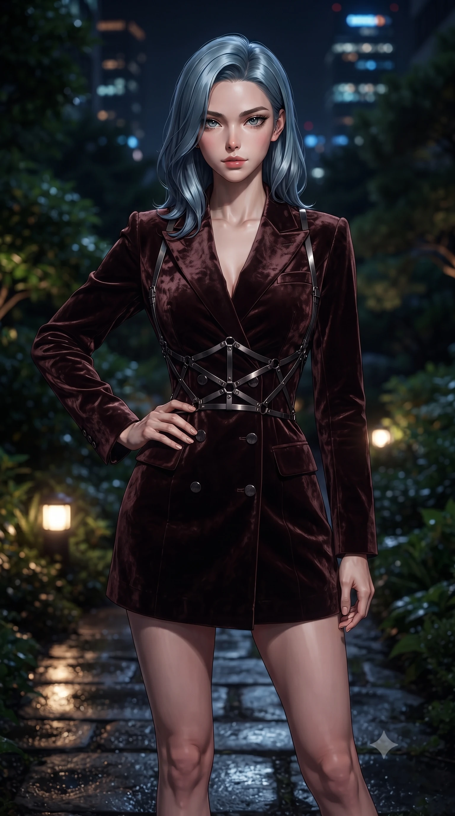 score_9, masterpiece, best quality, ultra-detailed, high-budget anime keyframe, editorial fashion photography, tasteful artistic composition, Korean woman. close-up cowboy shot from the waist and thighs up, the character dominates the composition, filling the frame with her large presence, background elements kept in soft focus. Holding a confident power pose with one hand on her hip, navigating a dark wet stone pathway illuminated by low amber garden lights, distant skyscraper lights forming soft dark amber and blue bokeh in the background. She has an exceptionally elegant, slender, and willowy female figure with an ultra-slim waist, a gracefully sculpted slender torso, and a refined silhouette. sharp v-shaped jawline, high-bridge nose, intricate jewel-like eyes with depth, thick eyelashes, glossy lips with a natural sheen. wearing tailored double-breasted obsidian blazer dress in dark mahogany, made of crushed dark silk velvet, highlighted by a gunmetal metallic harness structure, the fitted fabric emphasizing her ultra-slim waist. lit by soft nocturnal key light contrasting with deep shadowy garden greenery. ultra-reflective glossy finish, specular highlights, metallic sheen, high-contrast stereoscopic depth, volumetric dynamic lighting, 2k, ultra detail, master piece, 9:16 ratio