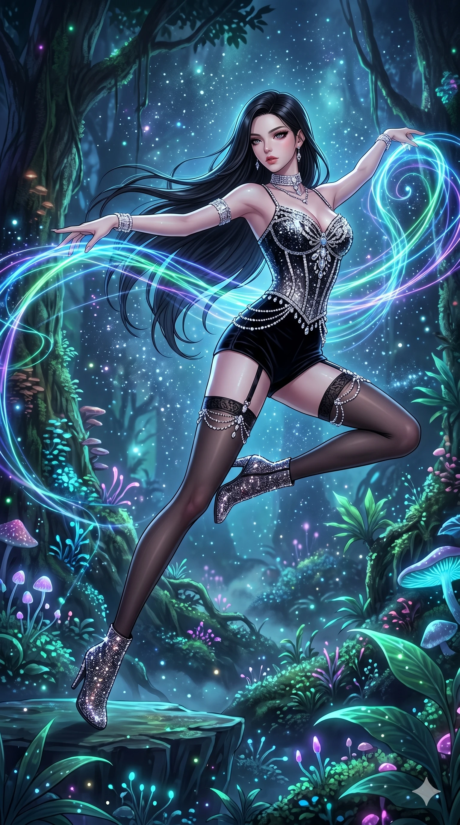 score_9, masterpiece, best quality, ultra-detailed, high-budget anime movie keyframe, cinematic anime lighting, intricate line art, Japanese anime girl. Dynamic full-body shot stretching the vertical silhouette across the 9:16 frame. weaving threads of light in a bioluminescent rainforest in a mist of stardust. She has an absolutely perfect 8-heads proportion, an exceptionally tall and slender female figure with an ultra-slim waist and impossibly long slender legs. sharp v-shaped jawline, high-bridge nose, intricate jewel-like eyes, thick eyelashes, glossy lips. Wearing luxurious K-pop idol stage outfit featuring a sparkling sequined corset, high-cut velvet shorts, and sheer silk stockings with garter belts, accessorized with crystal chokers. The scene is illuminated by dramatic atmospheric lighting and vibrant color palettes. 2k, ultra detail, master piece, 9:16 ratio