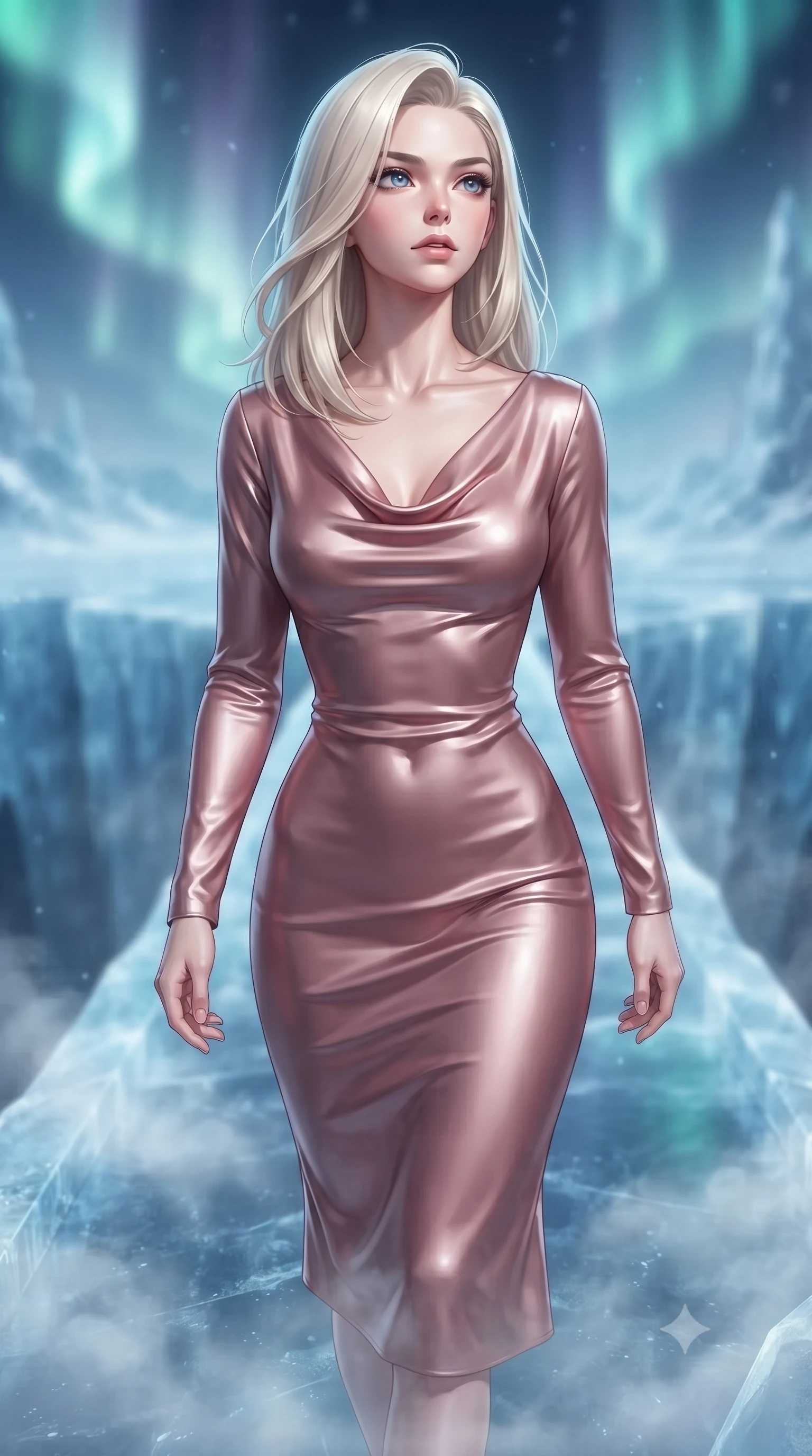 score_9, masterpiece, best quality, ultra-detailed, high-budget anime keyframe, editorial fashion photography, tasteful artistic composition, Caucasian woman. close-up cowboy shot from the waist and thighs up, the character dominates the composition, filling the frame with her large presence, background elements kept in soft focus. Tilting her chin up slightly with lips parted in a magnetic, composed expression stepping along a frozen crystalline bridge over an aurora-lit chasm, sub-zero mist drifting across the reflective ice floor. She has an exceptionally elegant, slender, and willowy female figure with an ultra-slim waist, a gracefully sculpted slender torso, and a refined silhouette. sharp v-shaped jawline, high-bridge nose, intricate jewel-like eyes with depth, thick eyelashes, glossy lips with a natural sheen. wearing an elegant cowl-neck satin midi dress in dusty rose with a graceful draped neckline, the tailored fabric tightly following every curve of her athletic build. surrounded by a crisp, high-contrast glow with ultra-bright specular highlights. ultra-reflective glossy finish, specular highlights, metallic sheen, high-contrast stereoscopic depth, volumetric dynamic lighting, 2k, ultra detail, master piece, 9:16 ratio